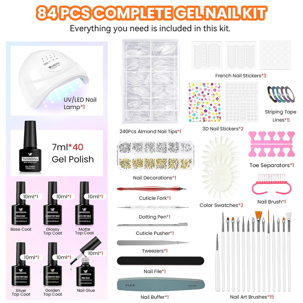 VANREESA 84-Piece Gel Nail Polish Kit with UV Lamp and Almond Nail Tips – 40 All‑Season Colors for Beginners