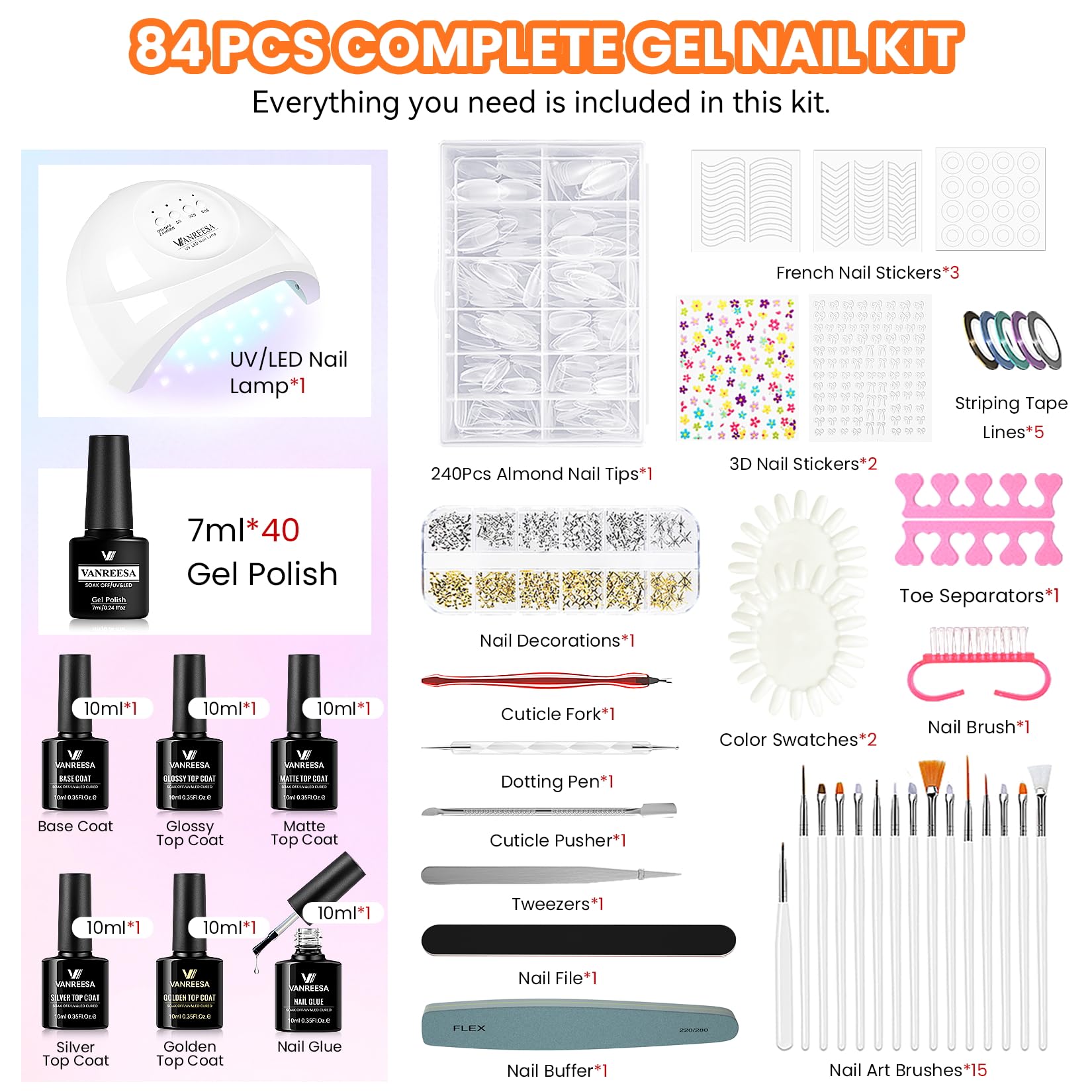 VANREESA 84-Piece Gel Nail Polish Kit with UV Lamp and Almond Nail Tips – 40 All‑Season Colors for Beginners