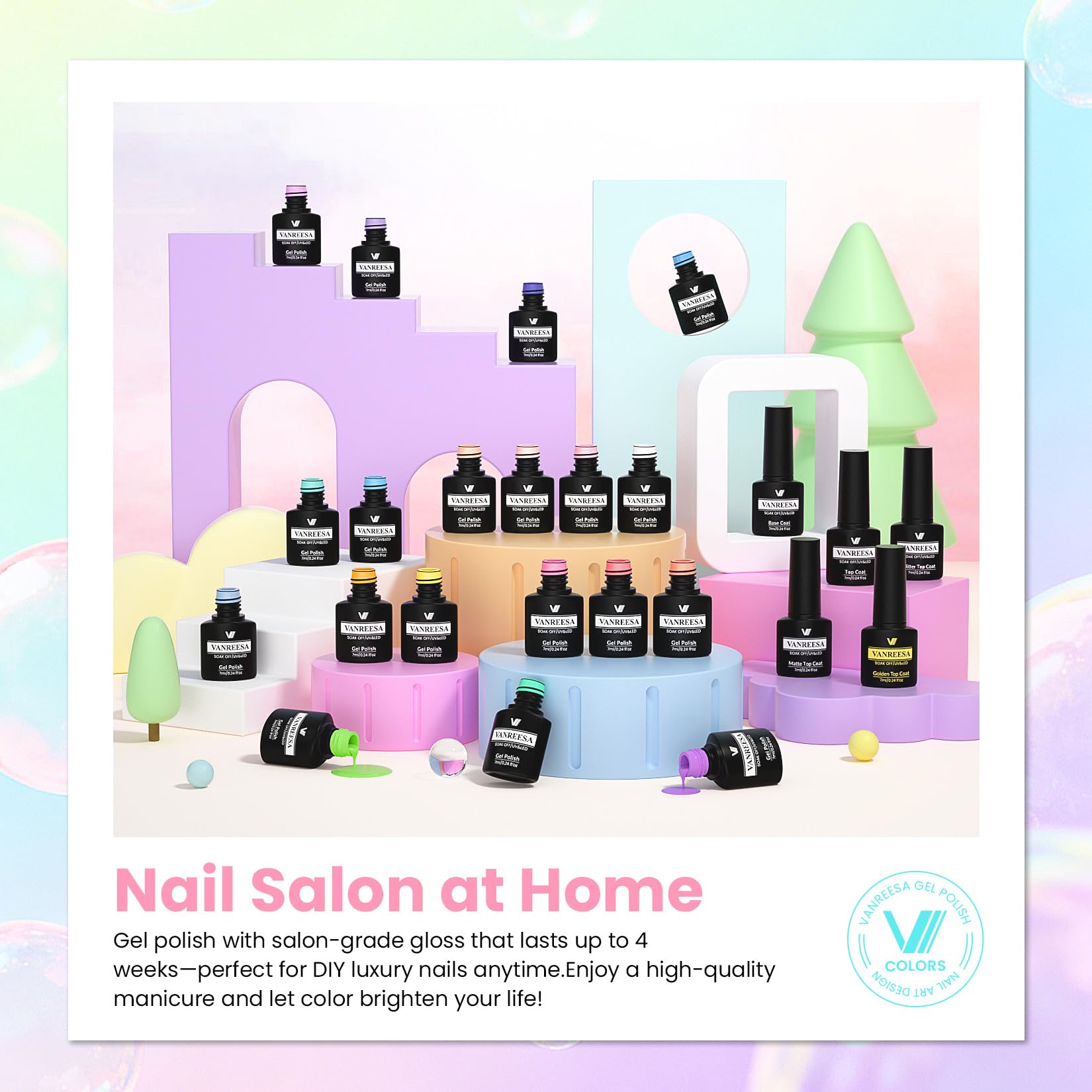 VANREESA 24 Pcs Gel Nail Polish Set – Trendy Spring Colors with Base Coat & 4 Top Coats | DIY Manicure Kit