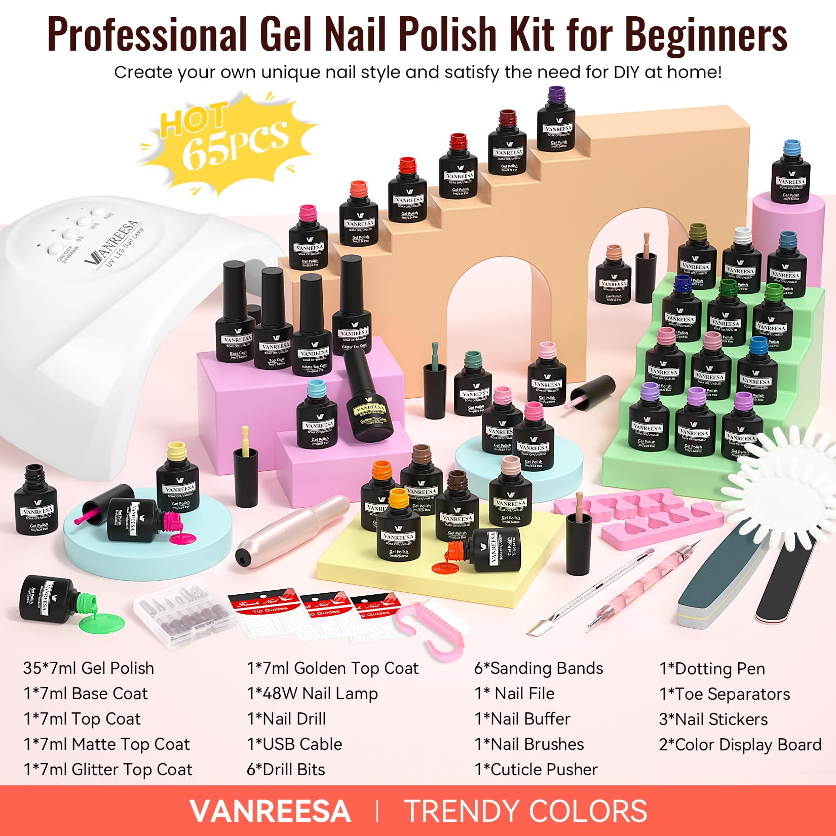 VANREESA Gel Nail Polish Kit with UV Light & Nail Drill — 65 Pcs, 35 Colors, Base Coat & 4 Top Coats, 48W Lamp