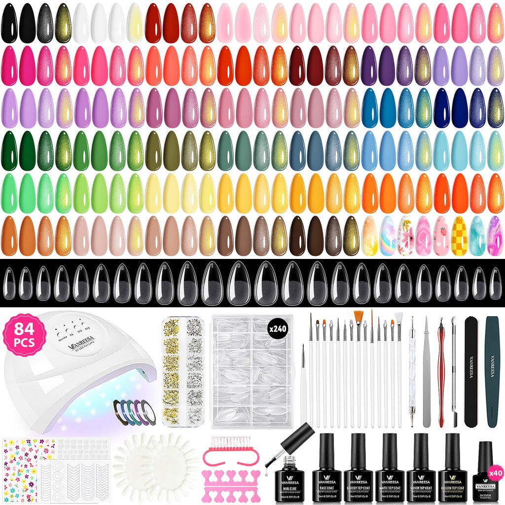 VANREESA 84-Piece Gel Nail Polish Kit with UV Lamp and Almond Nail Tips – 40 All‑Season Colors for Beginners