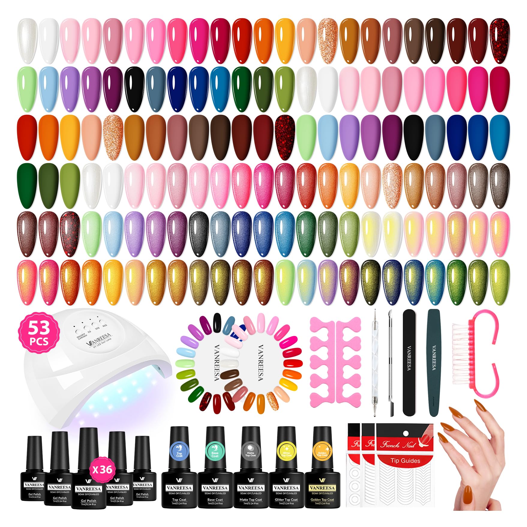 VANREESA 53-Piece Gel Nail Polish Kit with UV Lamp — 36 Colors + Base & 4 Top Coats