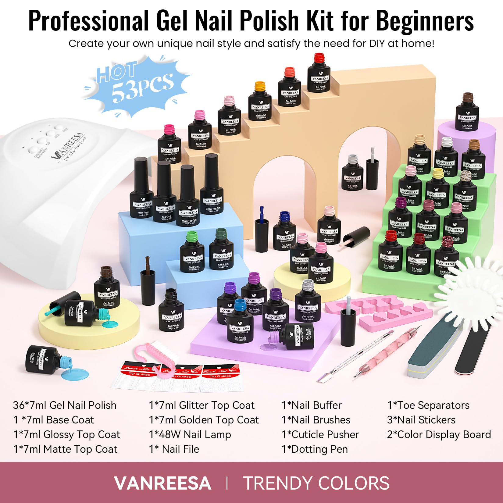 VANREESA Gel Nail Polish Kit with UV Light – 53 Pcs Complete Nail Set