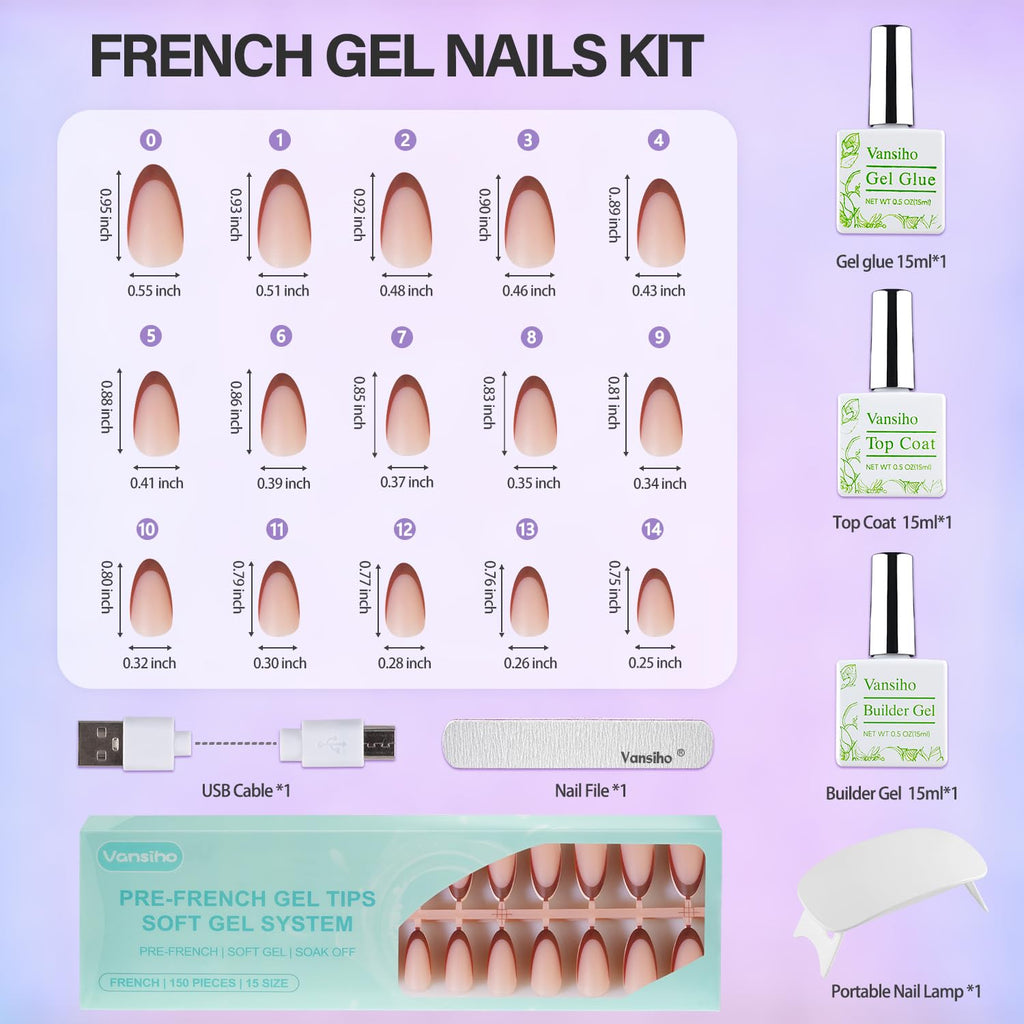 Vansiho French Gel Nails Kit – Medium Almond French Tip Press-On Nails with Nail Lamp