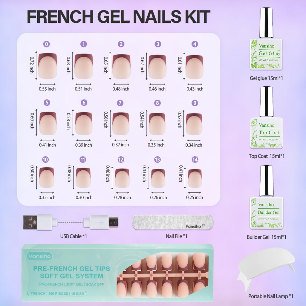 Vansiho French Gel Nails Kit – Short Square French Tip Press-On Nails & DIY Nail Lamp