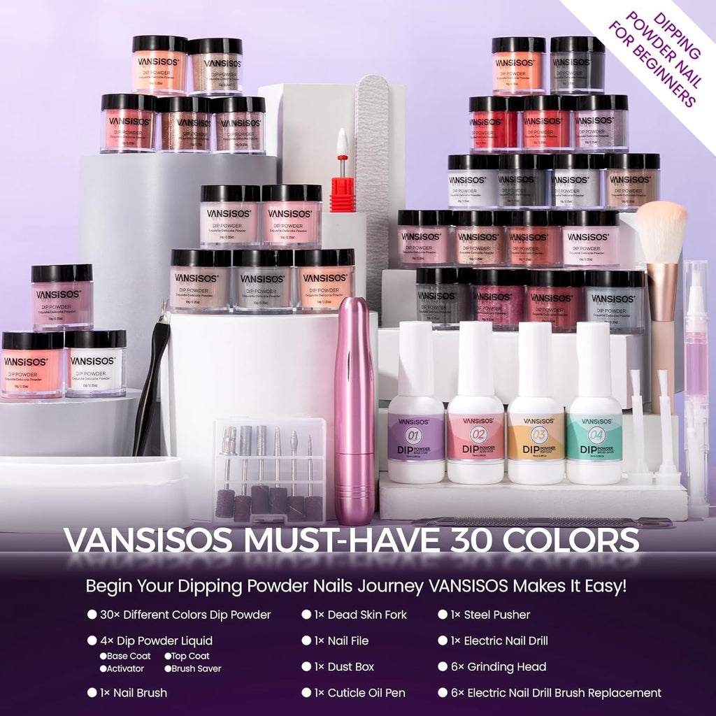 VANSISOS Dip Powder Nail Kit with Everything – 30 Colors, Base/Top/Activator, Nail Drill, At-Home Salon