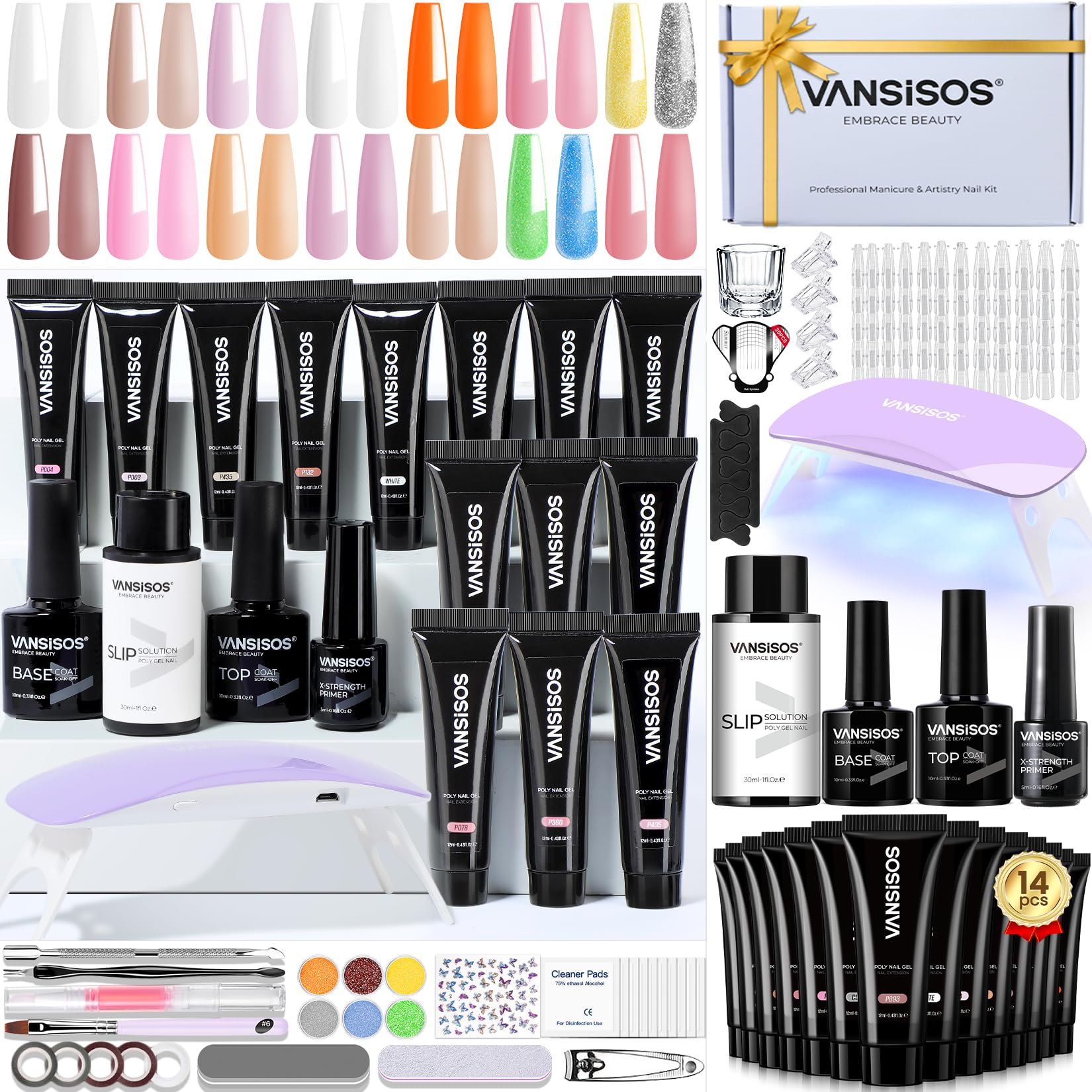 VANSISOS Poly Gel Nail Kit for Beginners - 14 Color Gel Nail Extension Set + UV Lamp