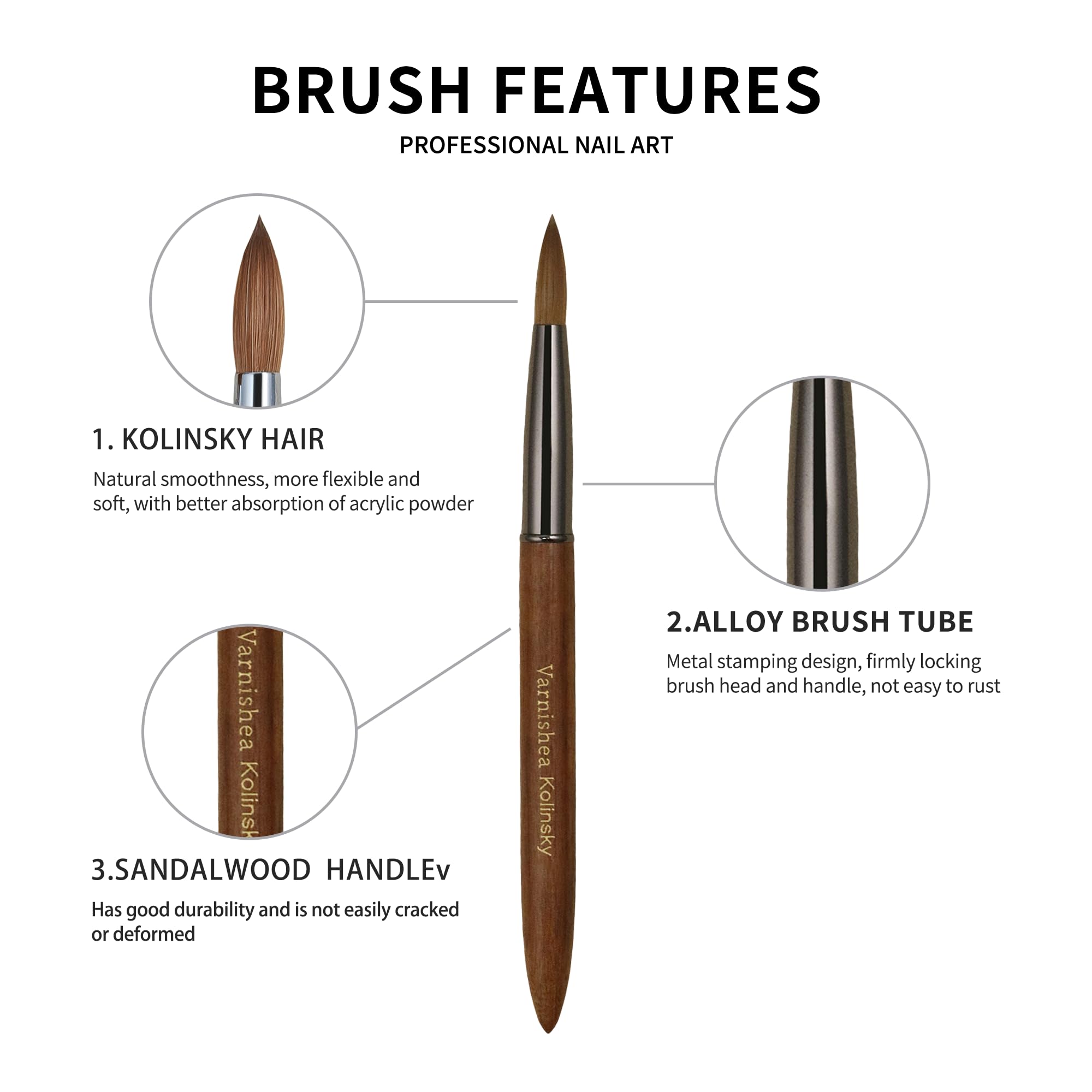 varnishea 100% Pure Kolinsky Nail Brush with Sandalwood Handle – Size 8, 1.0 Count – Pro Acrylic & Nail Art
