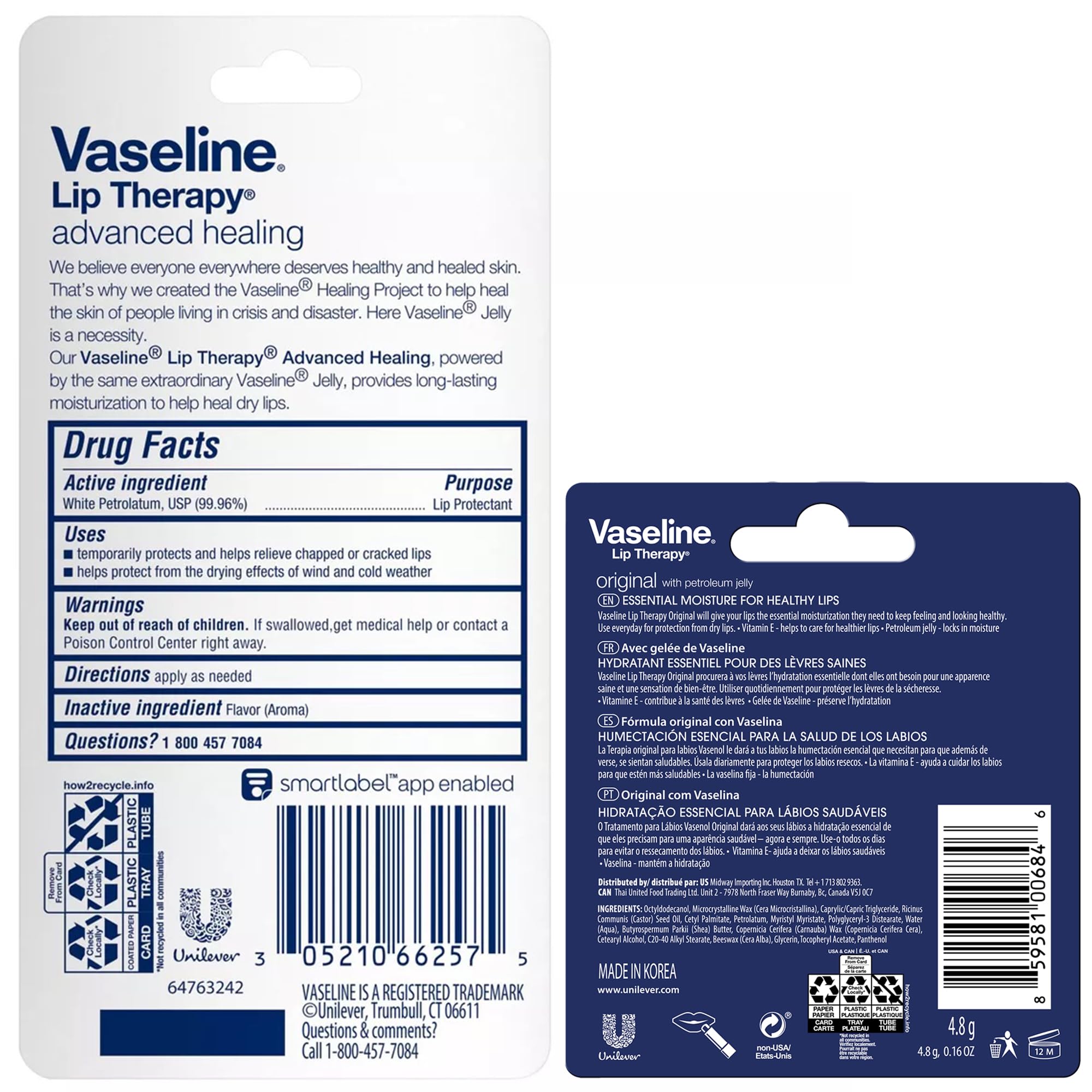 Vaseline Lip Therapy Advanced Healing Lip Balm Tube 12-Pack – White Petroleum Jelly Lip Protectant, 0.25 oz Each