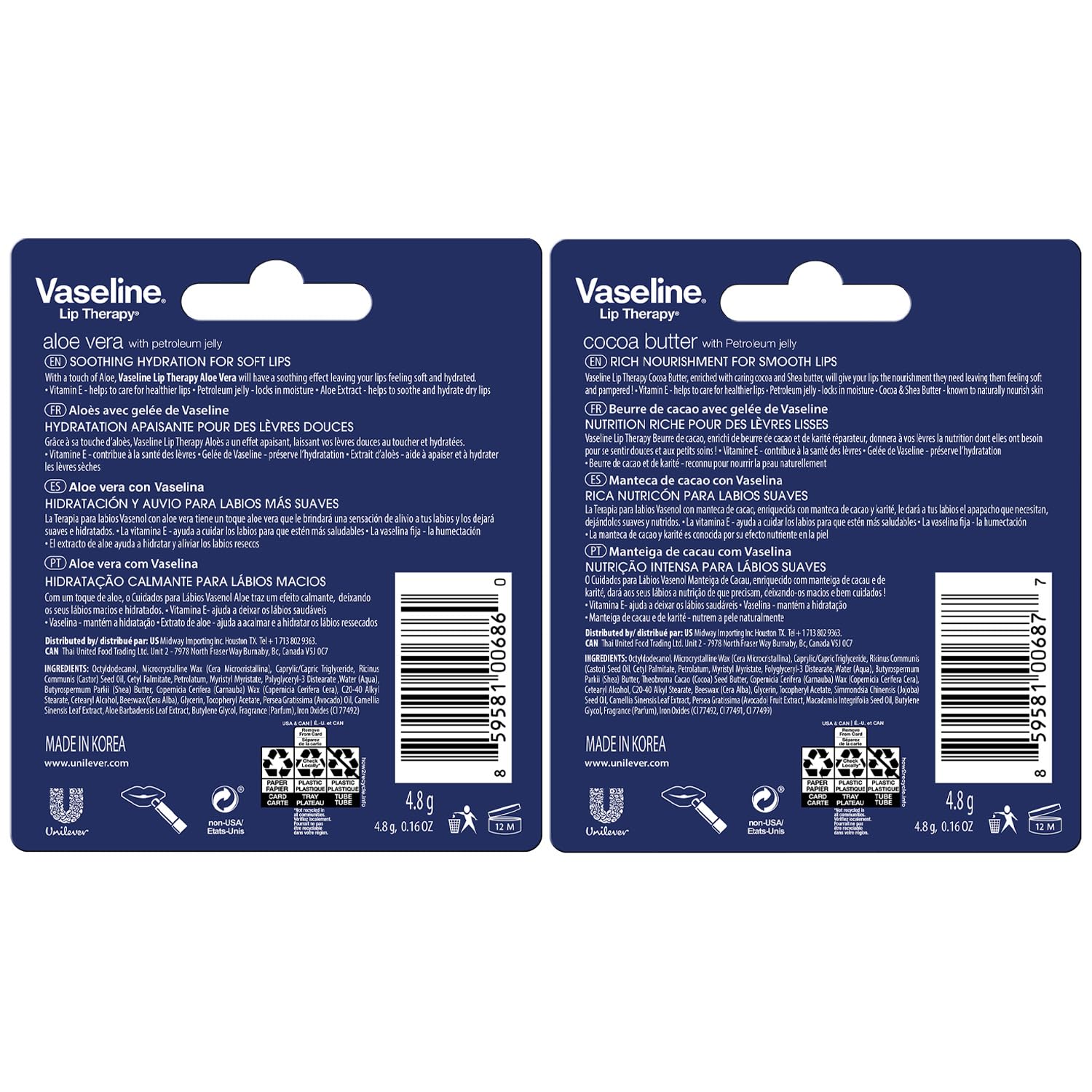 Vaseline Lip Therapy 4-Pack – Cocoa Butter & Aloe Vera Lip Balm with Vitamin E