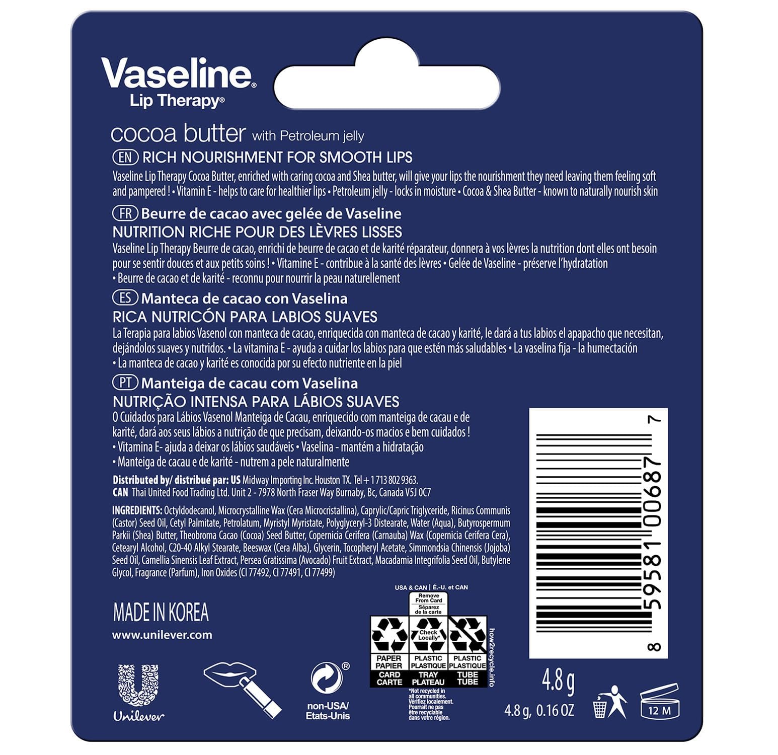 Vaseline Lip Therapy Cocoa Butter Lip Balm – 6 Pack, 0.16 oz Each