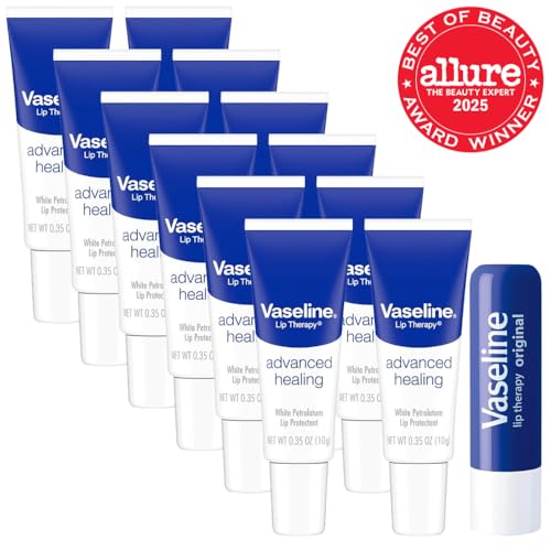 Vaseline Lip Therapy Advanced Healing Lip Balm Tube 12-Pack – White Petroleum Jelly Lip Protectant, 0.25 oz Each