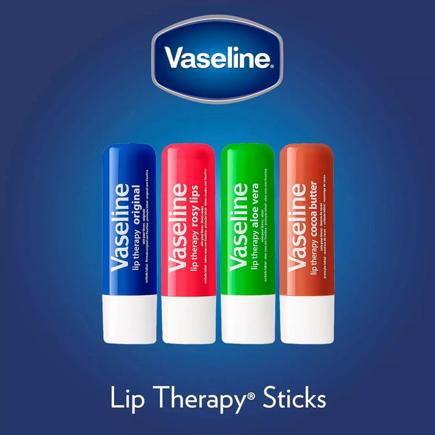 Vaseline Lip Therapy Variety 4-Pack – Cocoa Butter & Rosy Lips Balms with Vitamin E | 0.16 oz Each