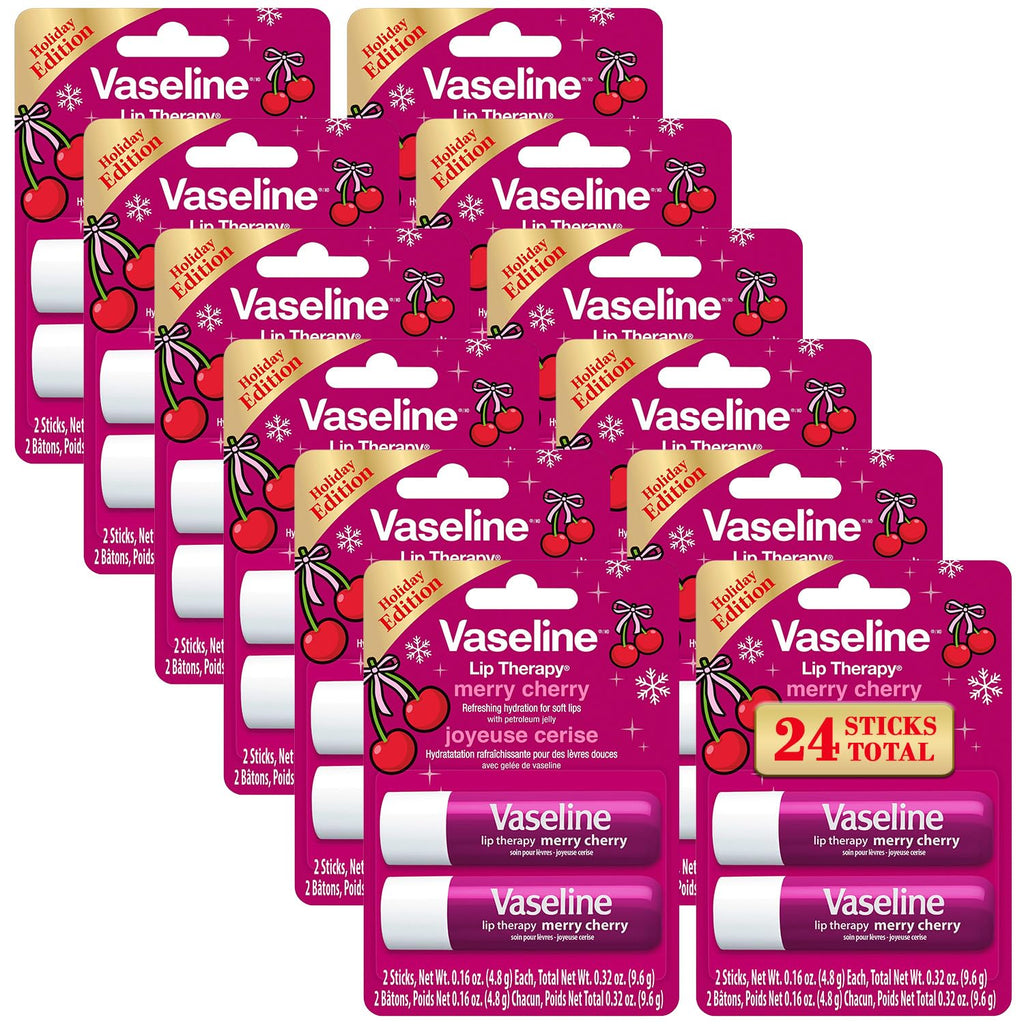 Vaseline Lip Therapy Merry Cherry Lip Balm Bulk – 24 Sticks in 12 Twin Packs