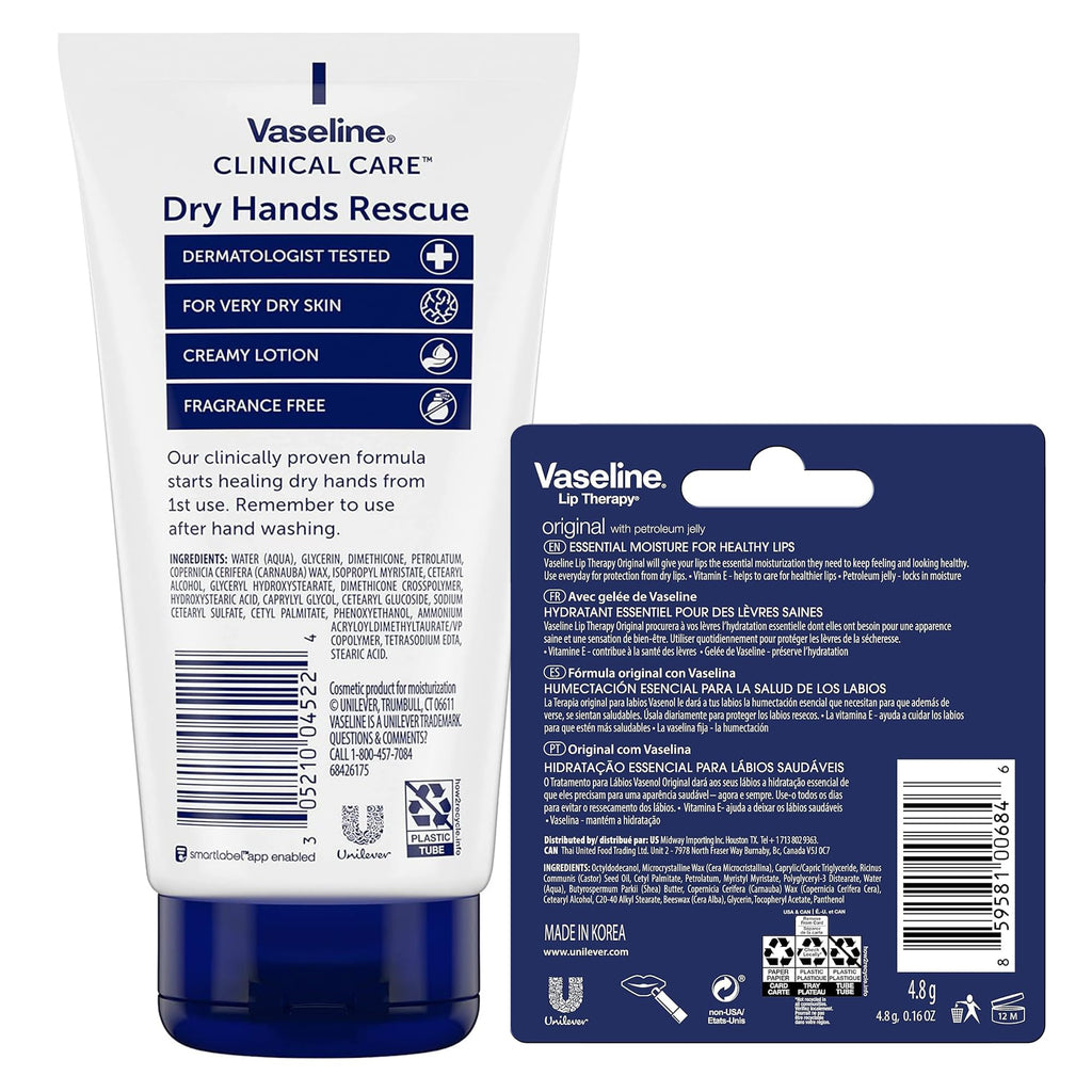 Vaseline Dry Hands Rescue 2-Pack + Lip Therapy Original – Fragrance-Free
