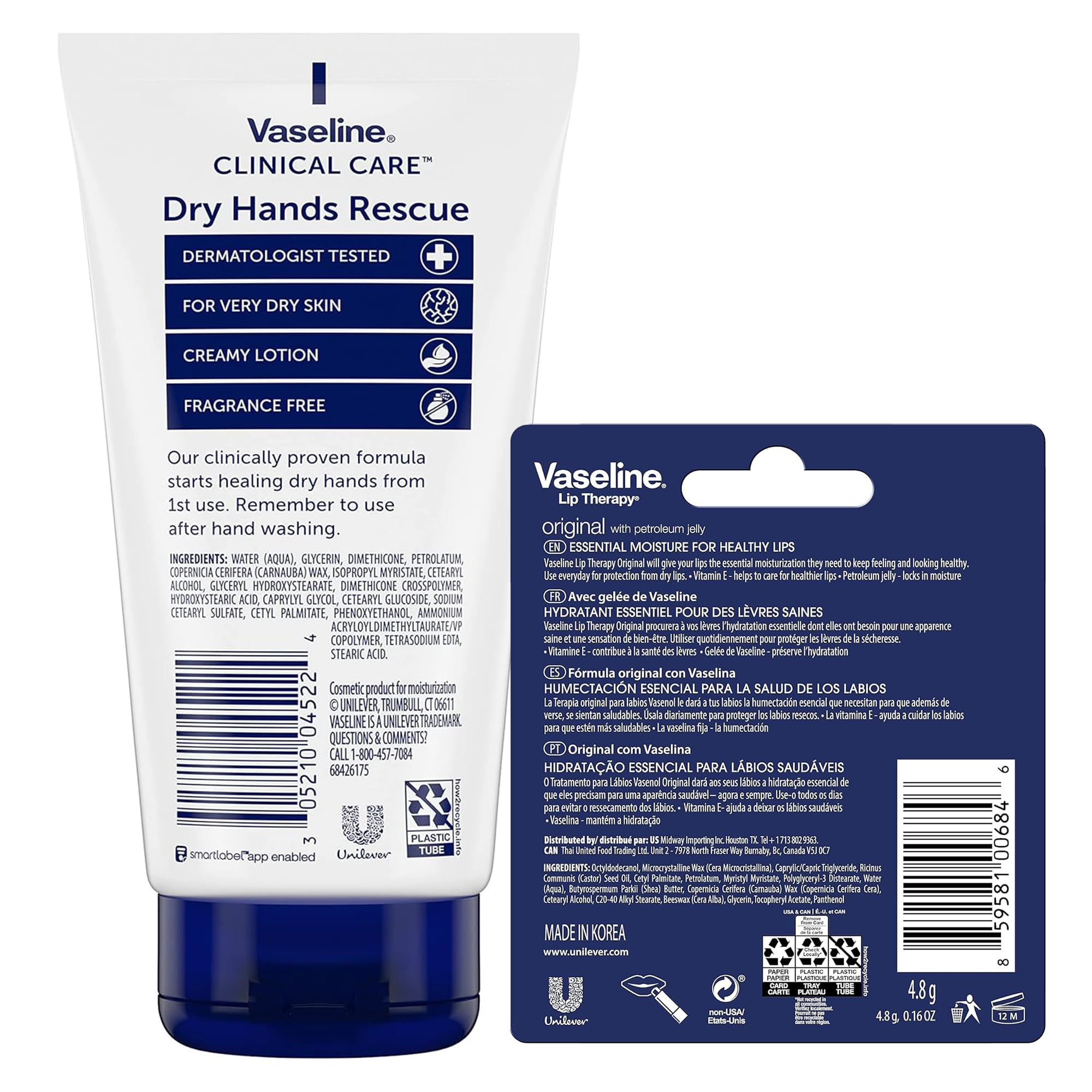 Vaseline Dry Hands Rescue 2-Pack + Lip Therapy Original – Fragrance-Free