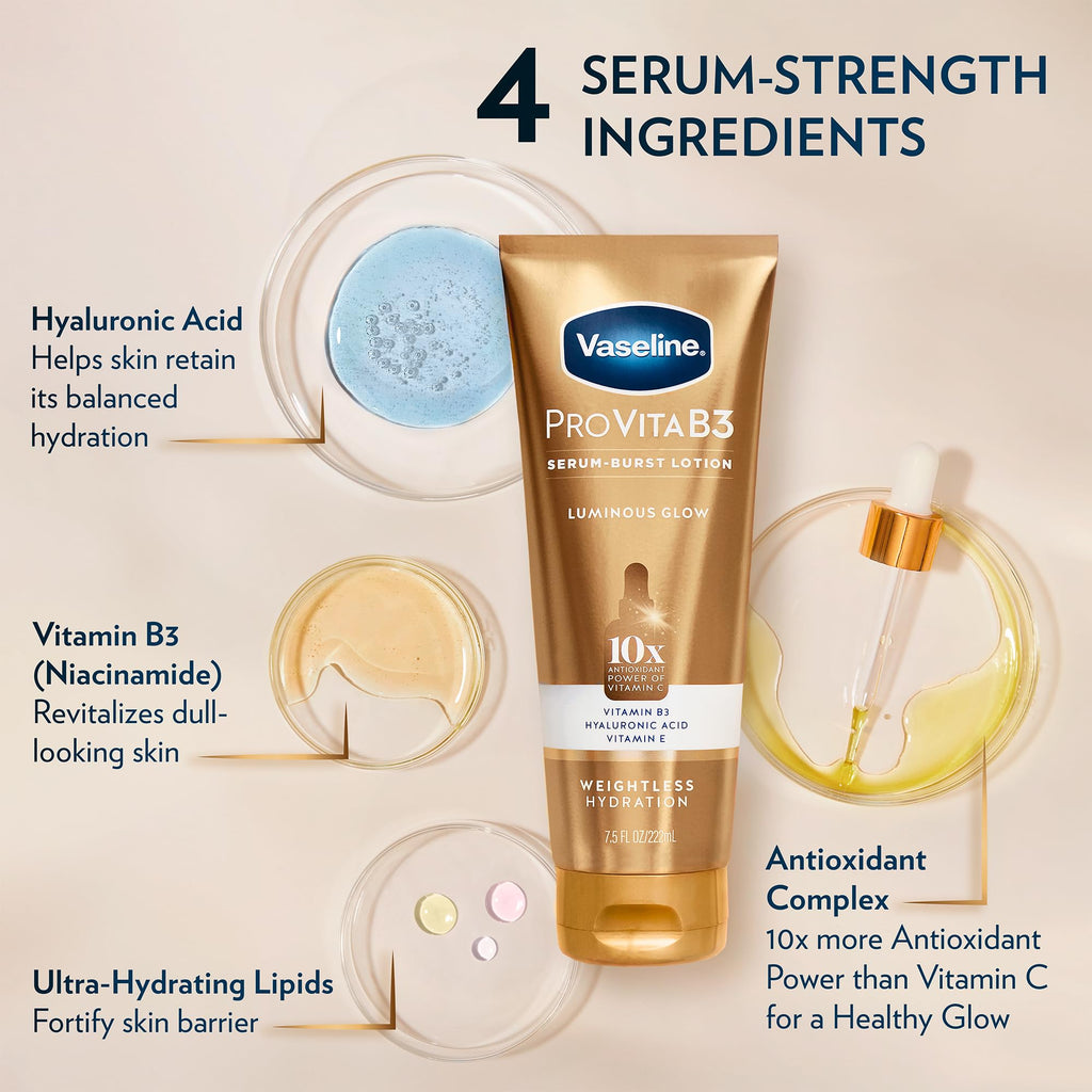 Vaseline Luminous Glow Pro VitaB3 Serum Burst Lotion – Weightless Hydration with Niacinamide, Hyaluronic Acid & Vitamin E (2-Pack)
