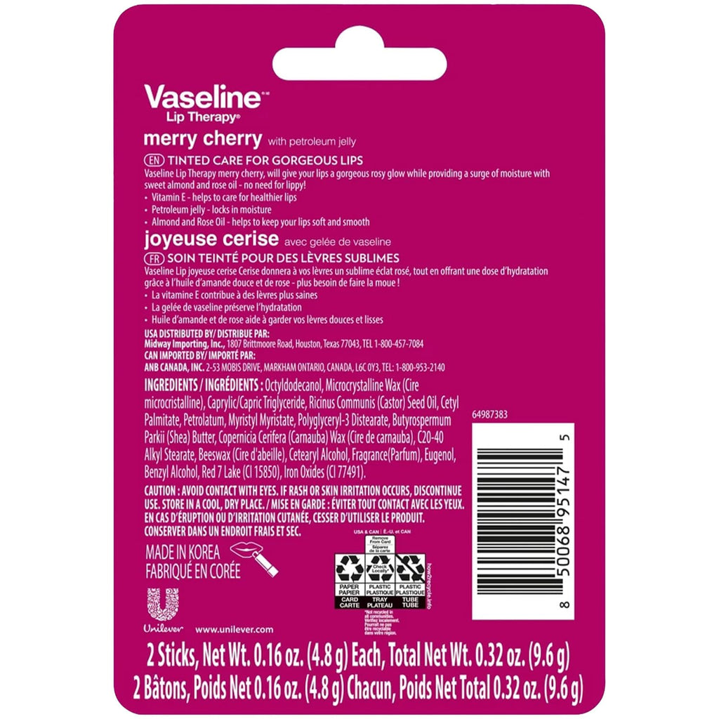 Vaseline Lip Therapy Merry Cherry Lip Balm Bulk – 24 Sticks in 12 Twin Packs