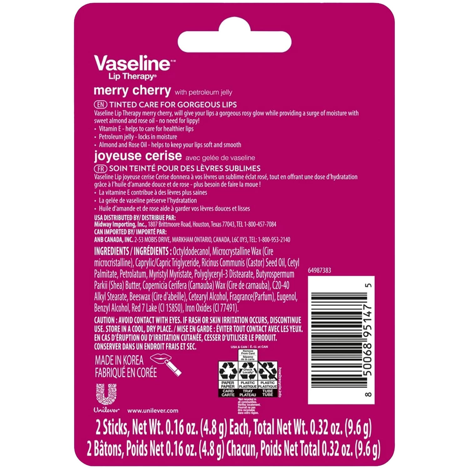 Vaseline Lip Therapy Merry Cherry Lip Balm Bulk – 24 Sticks in 12 Twin Packs