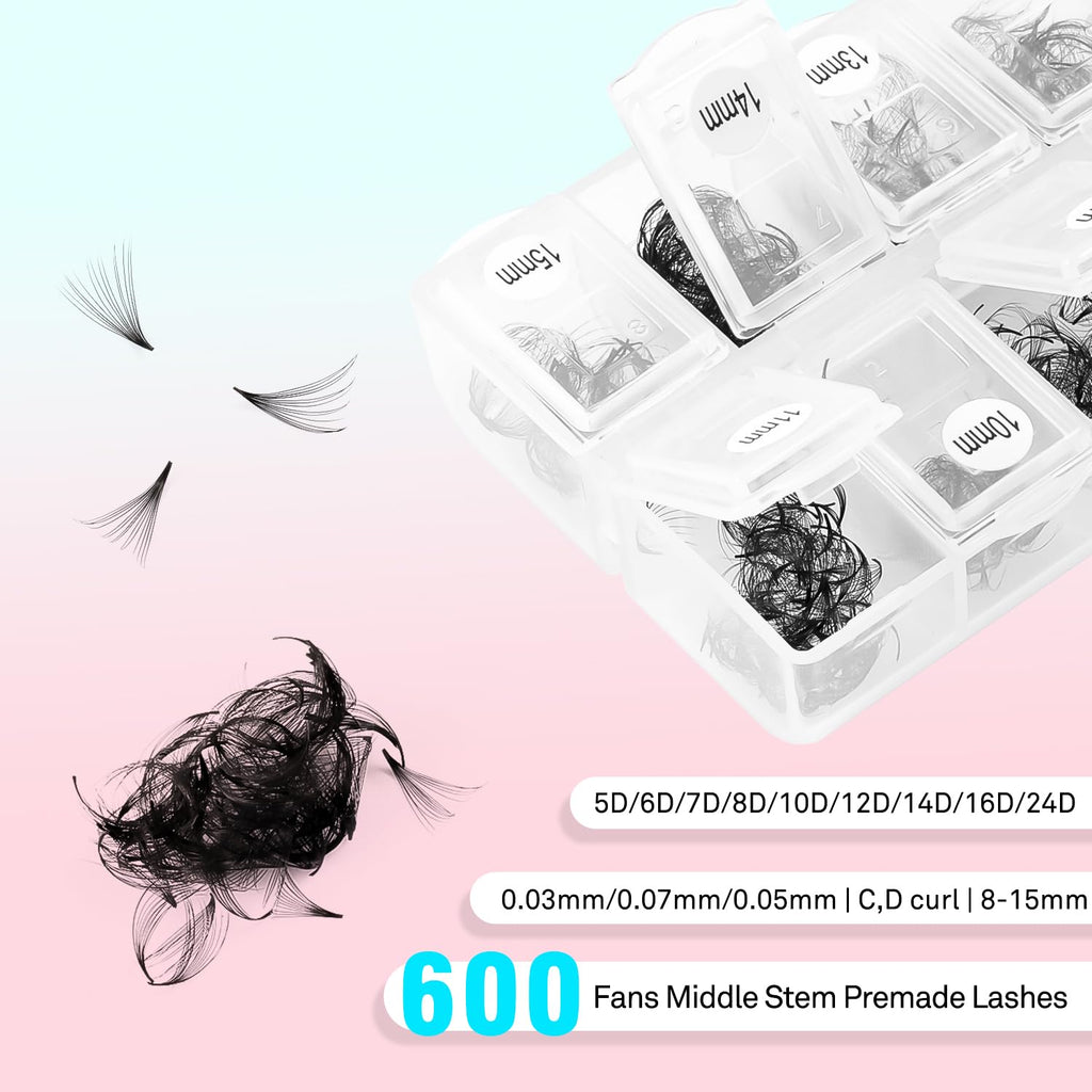 VAVALASH 600 Premade Lash Fans 5D-24D | 8-15mm Mixed Length, 0.03-0.07mm, Easy Application