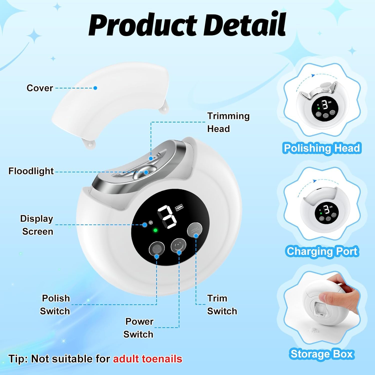 VBXBKC Electric Nail Clipper — 3-Speed with LCD Display, USB-C Rechargeable, 360° Storage