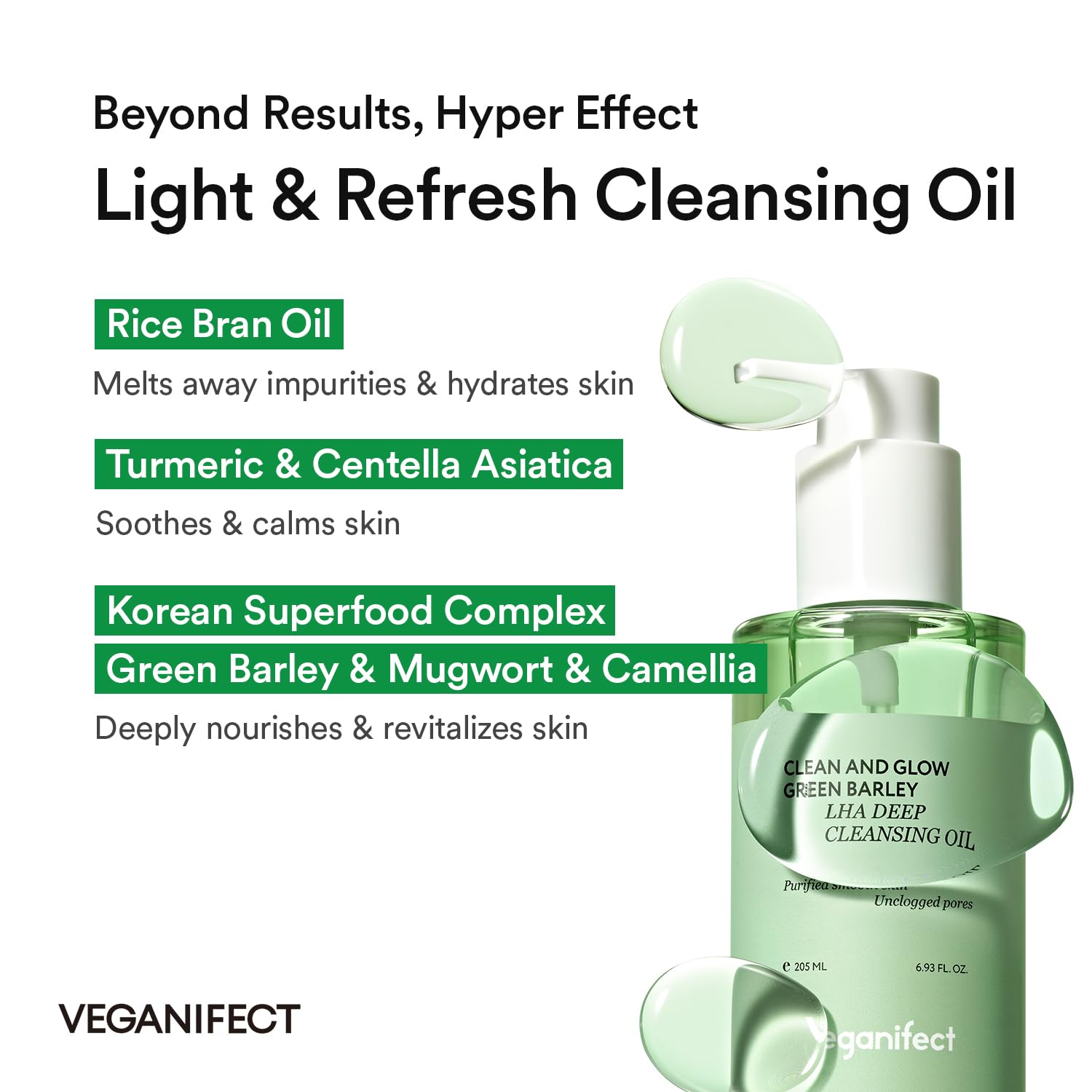 VEGANIFECT Hydrating Light Cleansing Oil for Sensitive Skin - Makeup Remover, Blackhead Cleaner (205ml) | Rice Bran, Turmeric & Centella Asiatica