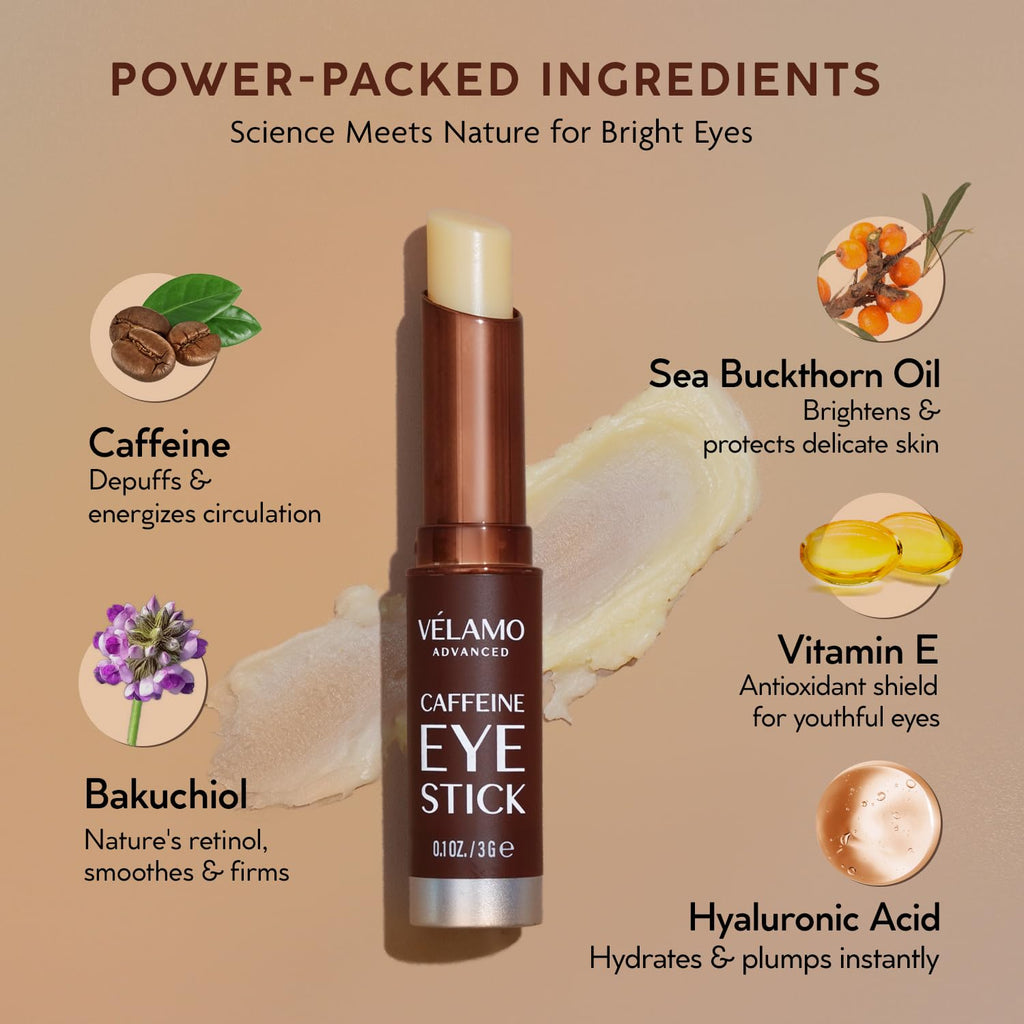 VELAMO ADVANCED Caffeine Eye Stick with Bakuchiol – Hydrating Eye Balm for Dark Circles, Puffiness & Fine Lines | Travel Size 0.1 oz/3g