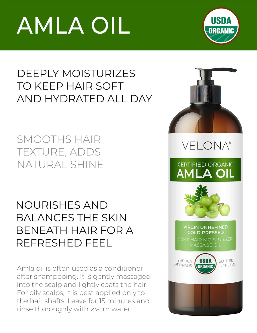 Velona Amla Oil USDA Certified Organic – 8 Fl Oz | 100% Pure, Cold-Pressed Carrier Oil