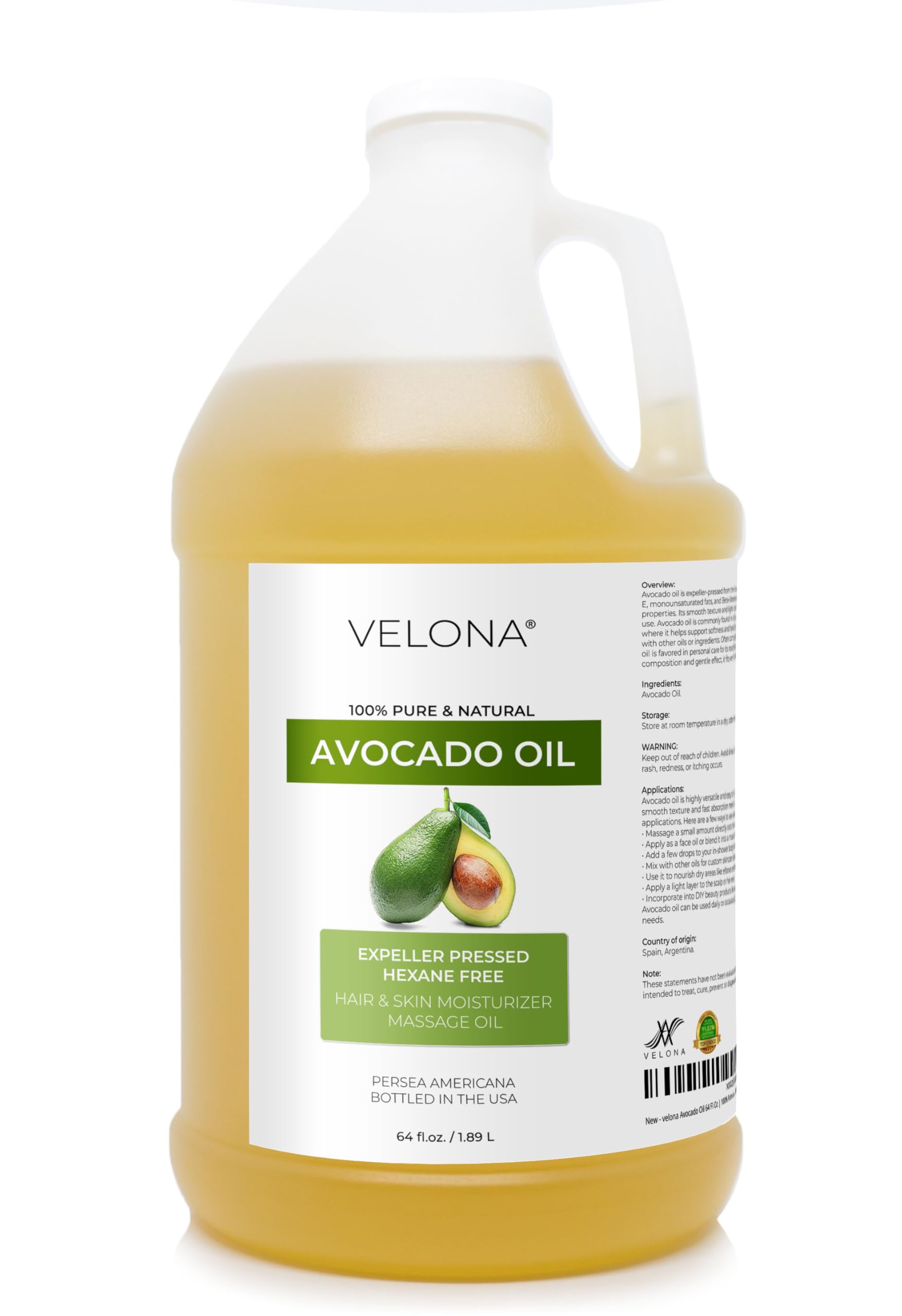Velona Avocado Oil 64 Fl Oz | 100% Pure Carrier Oil, Expeller-Pressed, Fragrance-Free, USA Bottled