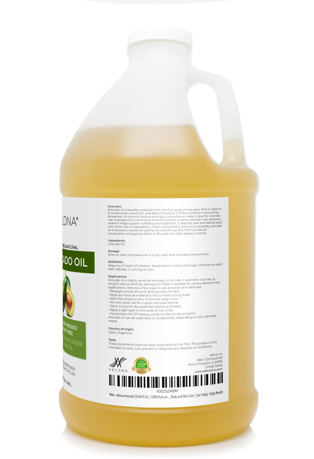 Velona Avocado Oil 64 Fl Oz | 100% Pure Carrier Oil, Expeller-Pressed, Fragrance-Free, USA Bottled