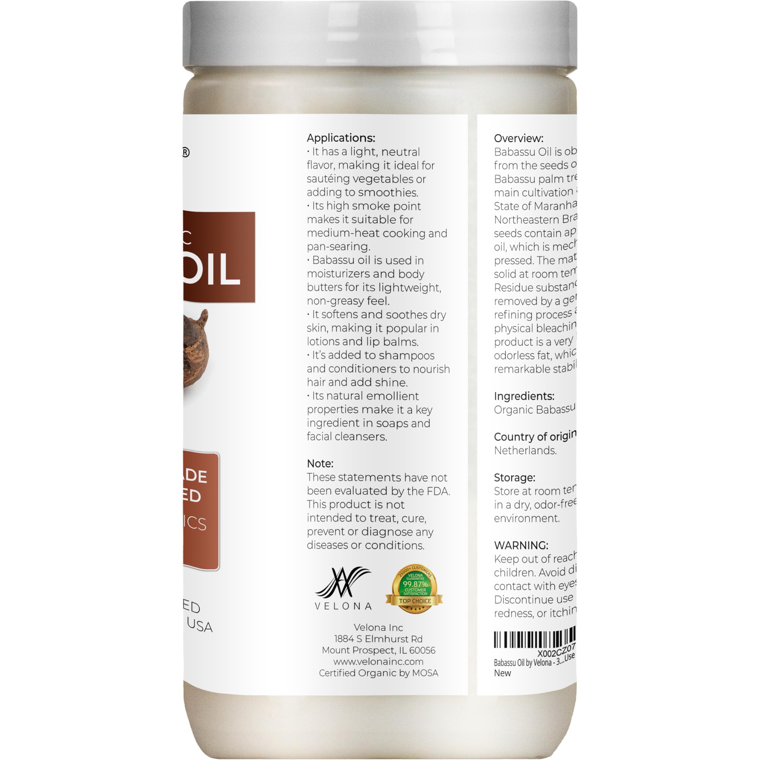 Velona Babassu Oil USDA Organic – 32 Fl Oz | Pure Carrier Oil for Skin, Hair & Cooking