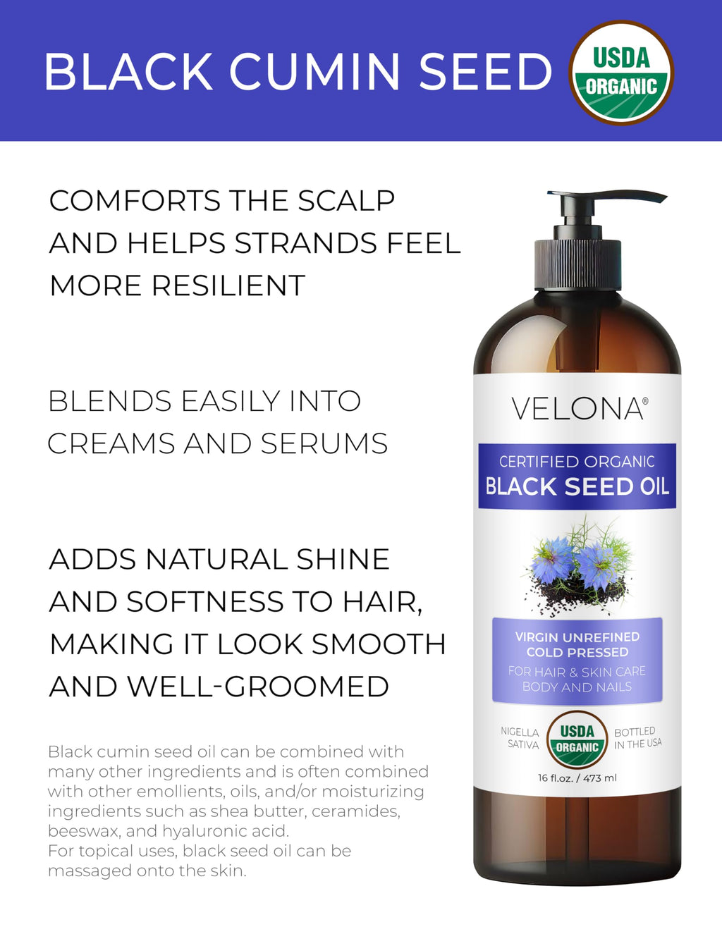Velona Black Cumin Seed Oil USDA Organic - 16 Fl Oz | Pure Cold-Pressed Carrier Oil for Hair, Skin & Body