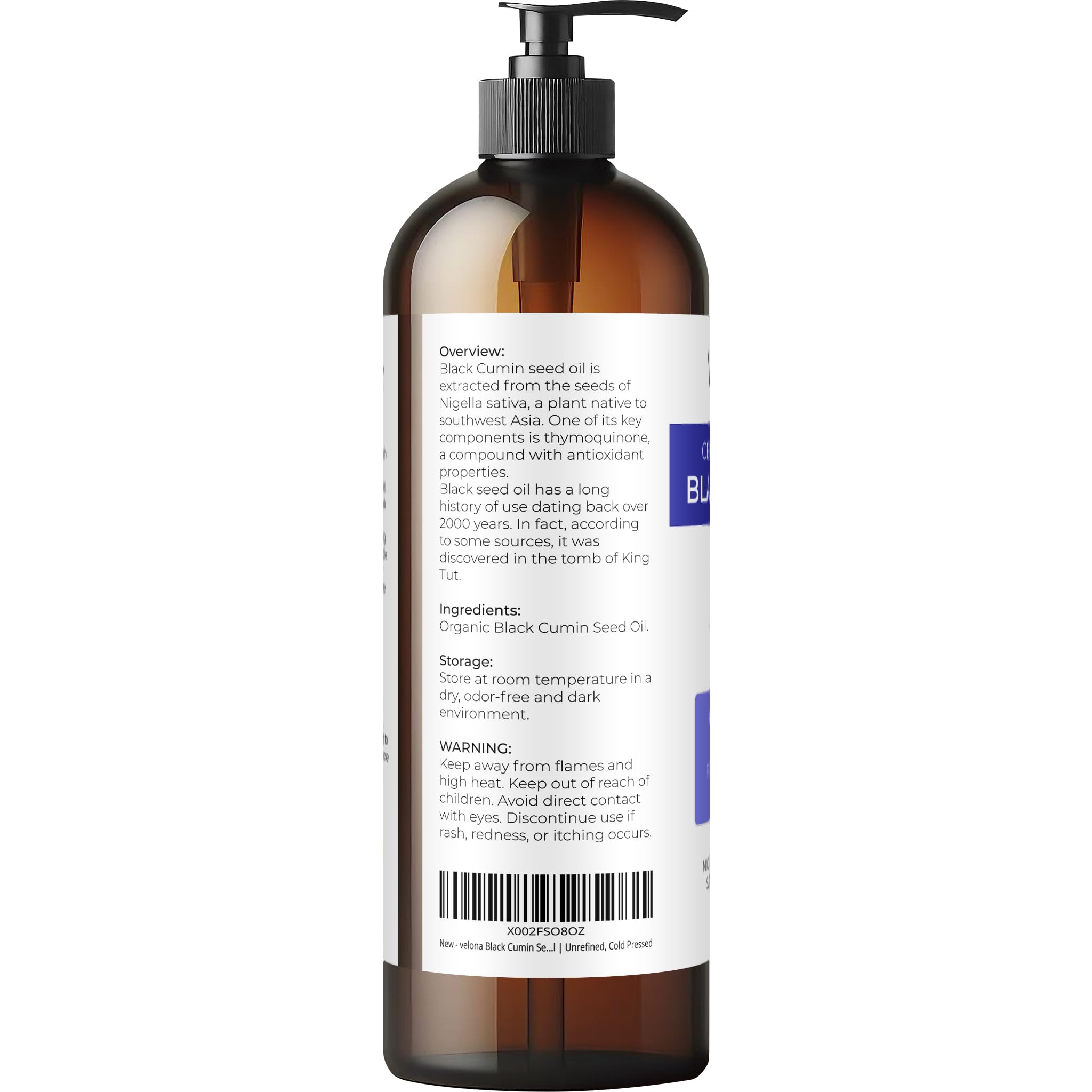 Velona Black Cumin Seed Oil USDA Organic - 16 Fl Oz | Pure Cold-Pressed Carrier Oil for Hair, Skin & Body