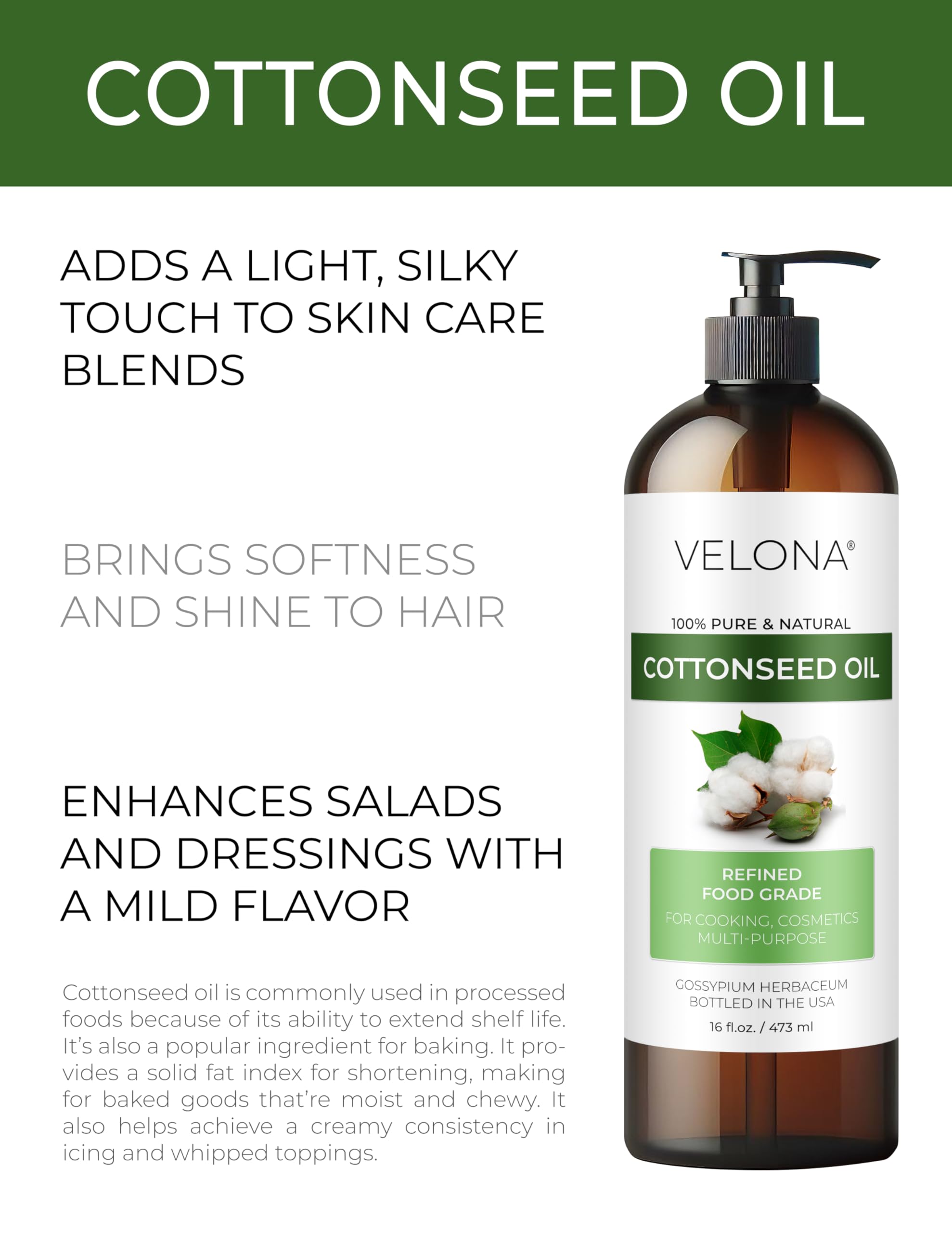 Velona Cotton Seed Oil – 16 fl oz | Pure Carrier Oil, Refined & Cold-Pressed for Cooking and Skin