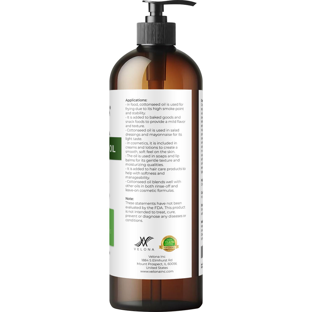 Velona Cotton Seed Oil – 16 fl oz | Pure Carrier Oil, Refined & Cold-Pressed for Cooking and Skin