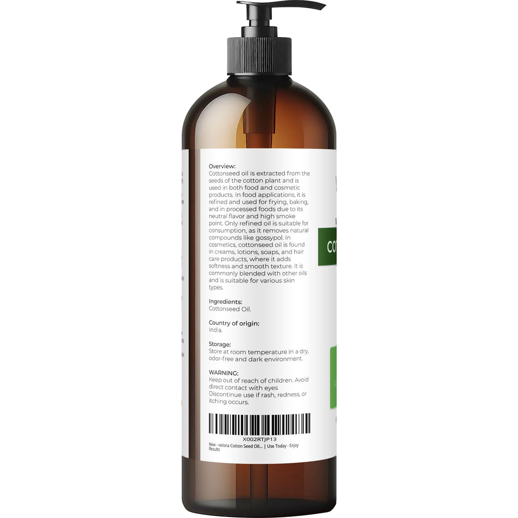 Velona Cotton Seed Oil – 16 fl oz | Pure Carrier Oil, Refined & Cold-Pressed for Cooking and Skin