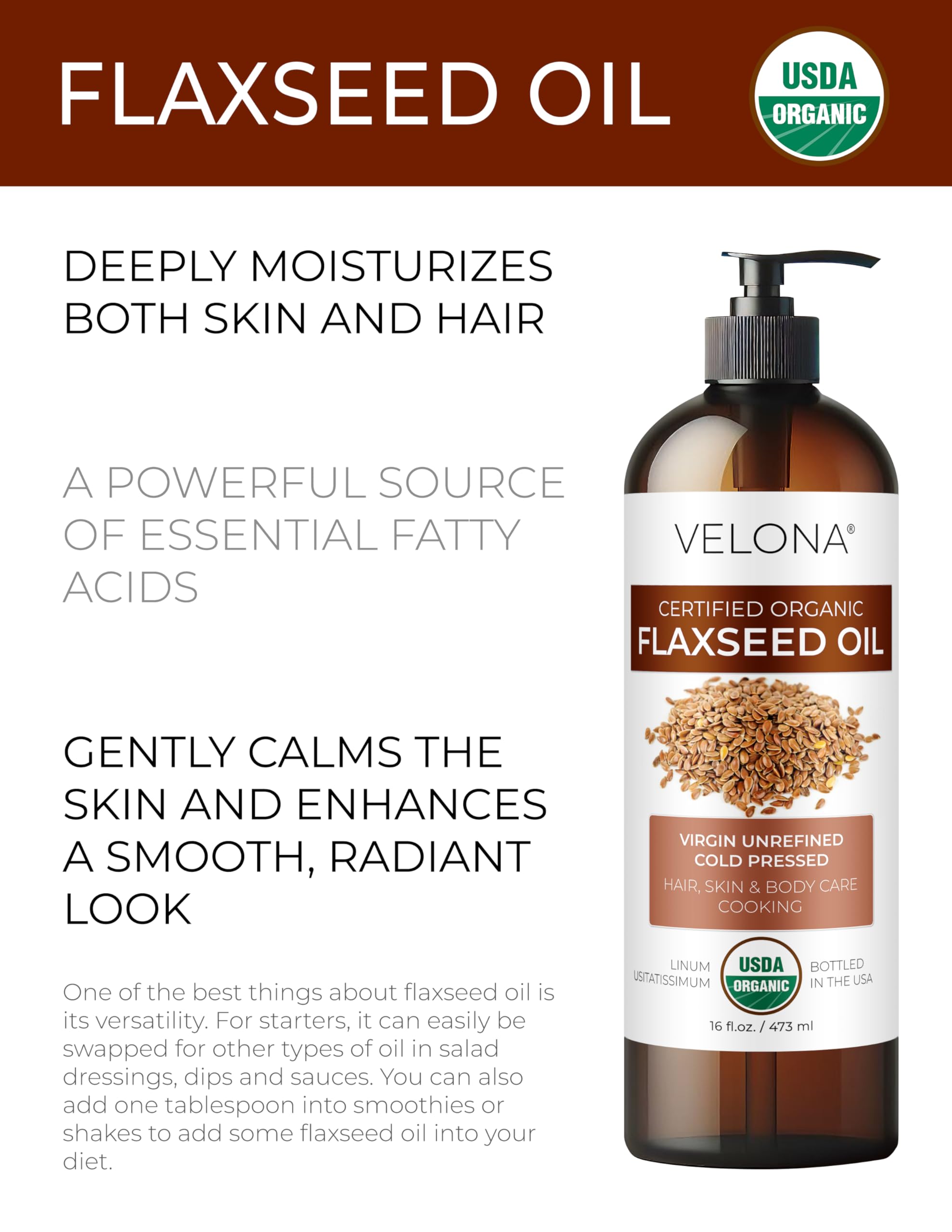 Velona USDA Organic Flaxseed Oil - 16oz, 100% Pure & Natural Carrier Oil, Unrefined & Cold-Pressed