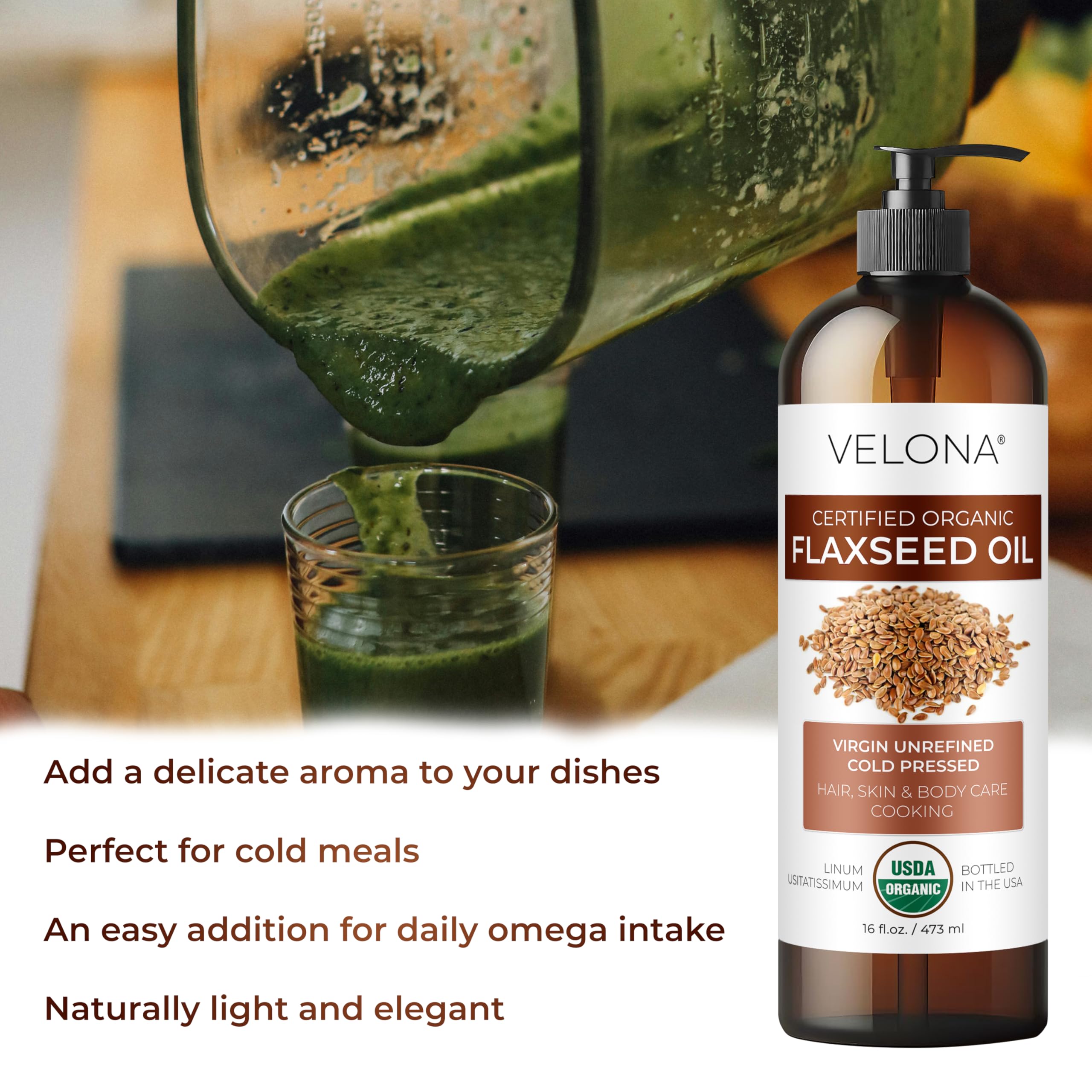 Velona USDA Organic Flaxseed Oil — Cold-Pressed Carrier Oil, 64 oz, Pure & Fragrance-Free