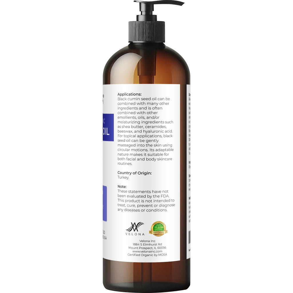 Velona Black Cumin Seed Oil USDA Organic - 16 Fl Oz | Pure Cold-Pressed Carrier Oil for Hair, Skin & Body