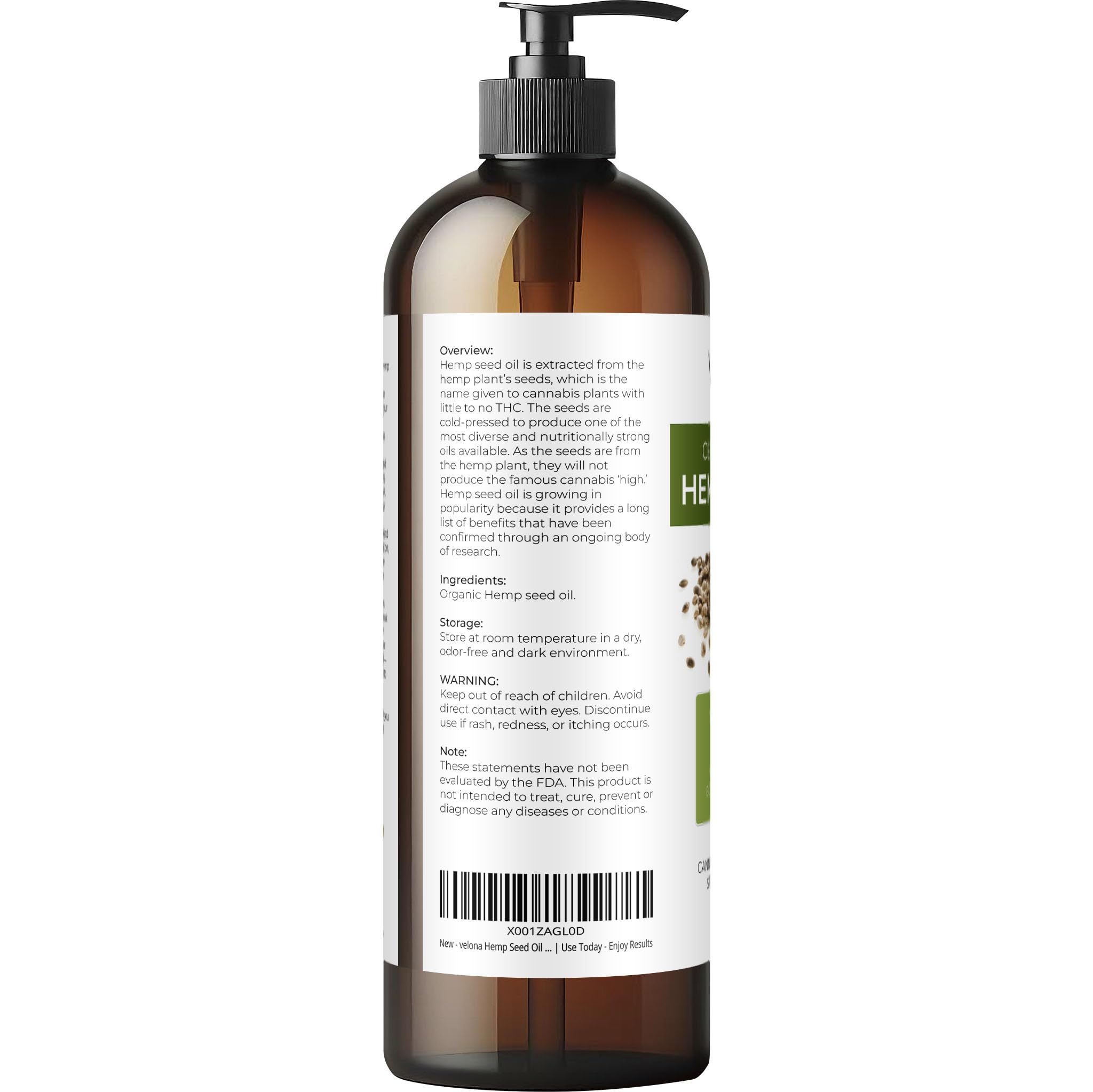 Velona Hemp Seed Oil USDA Certified Organic - 16 oz Cold-Pressed Carrier Oil for Hair, Skin & Body