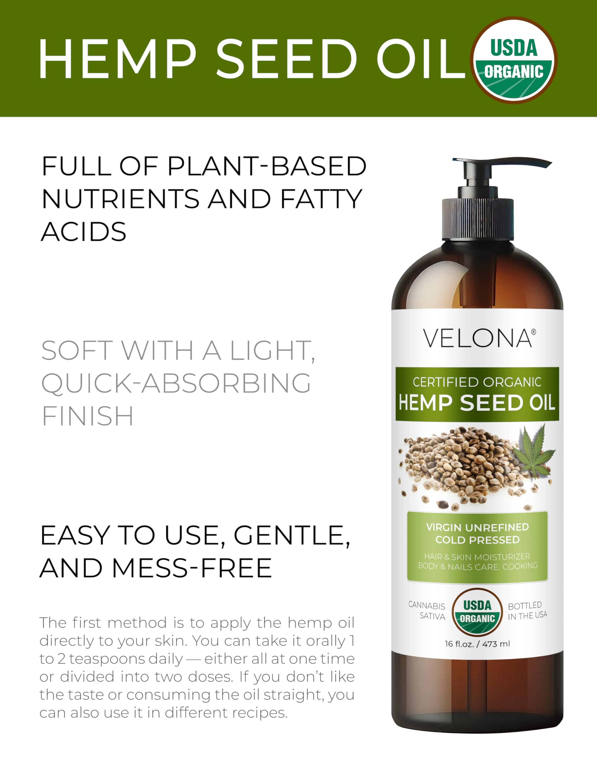 Velona Hemp Seed Oil USDA Certified Organic - 16 oz Cold-Pressed Carrier Oil for Hair, Skin & Body