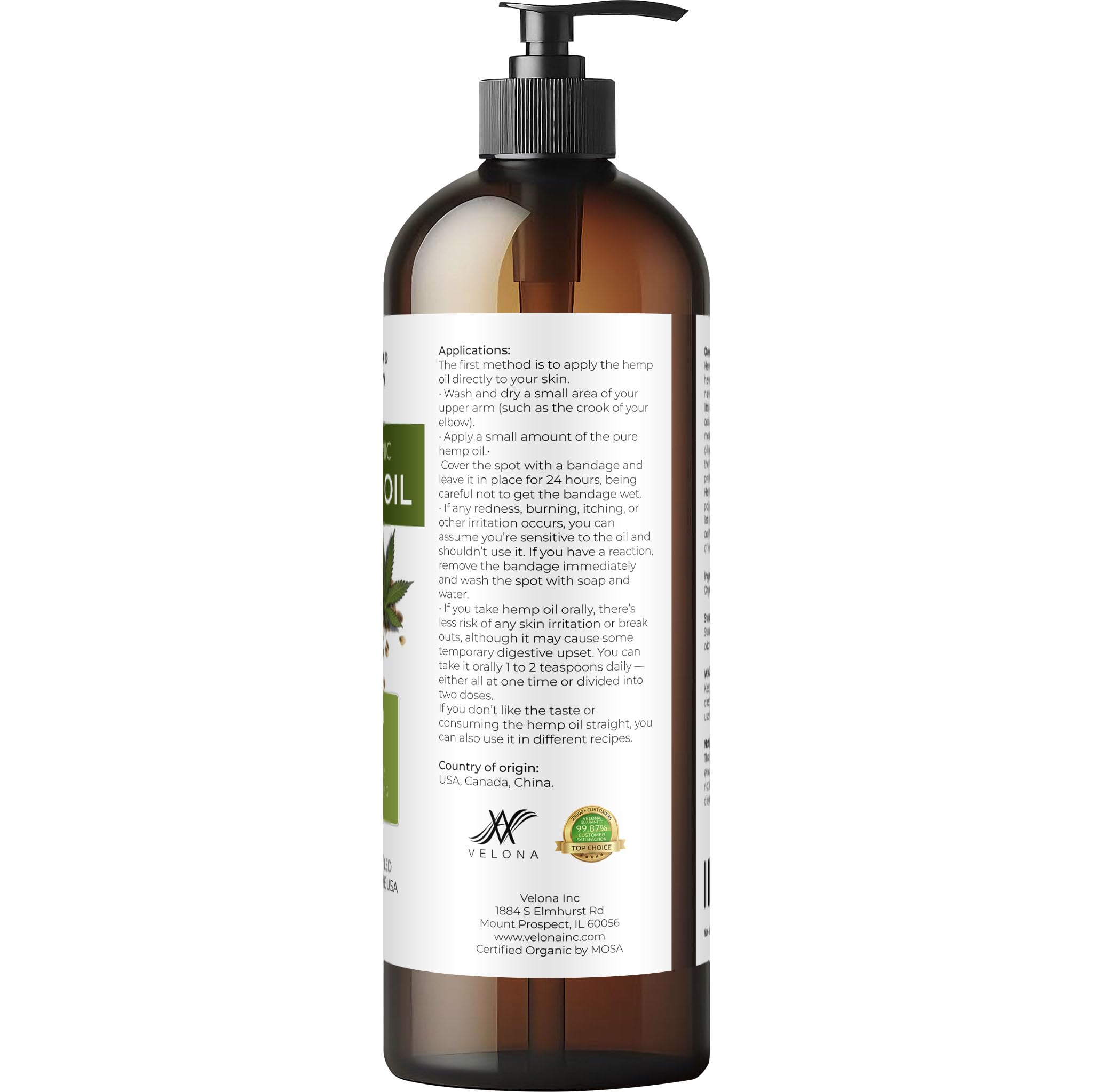 Velona Hemp Seed Oil USDA Certified Organic - 16 oz Cold-Pressed Carrier Oil for Hair, Skin & Body