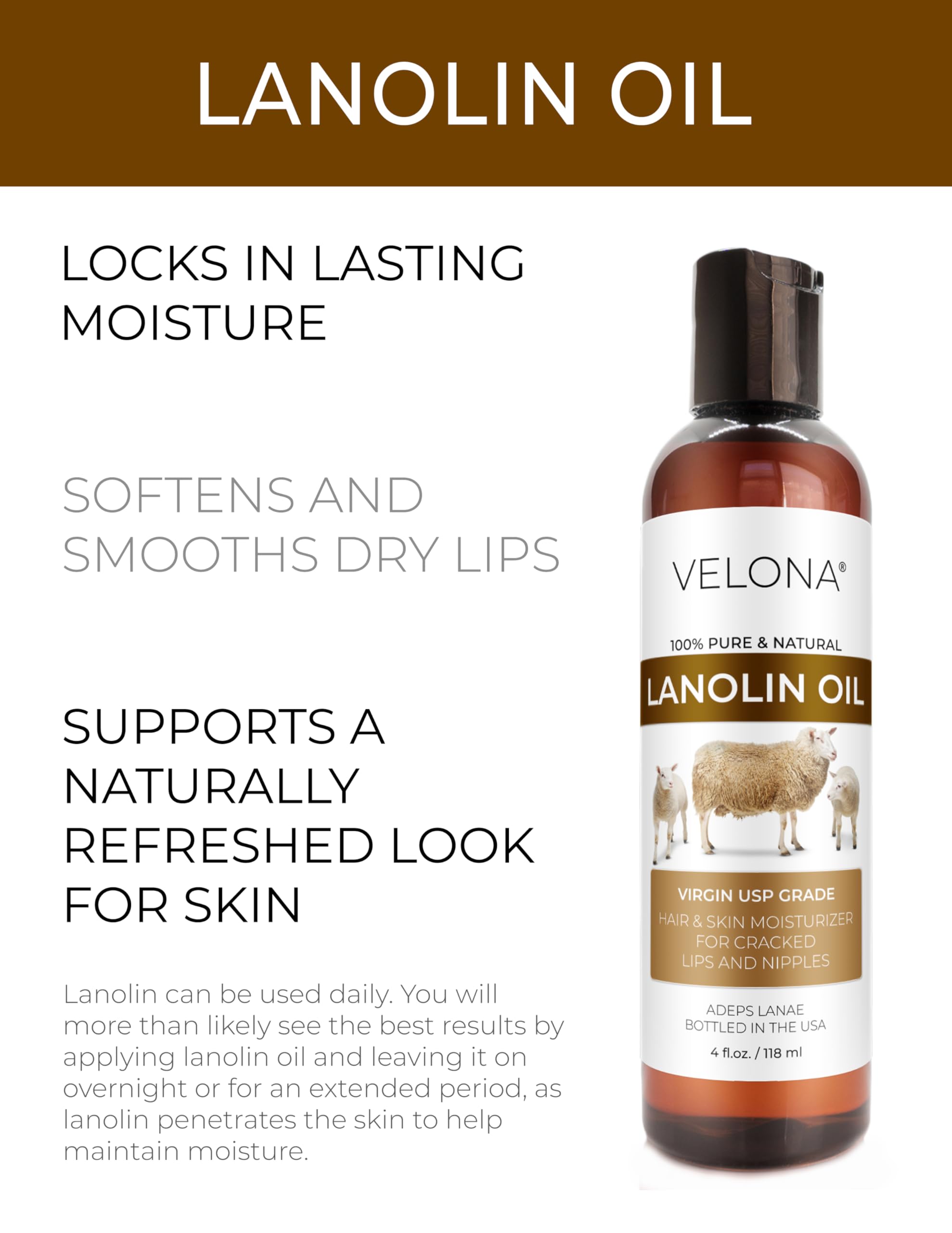 Velona Lanolin Oil USP Grade – 4 fl oz | Pure Carrier Oil for Skin, Hair & Nails