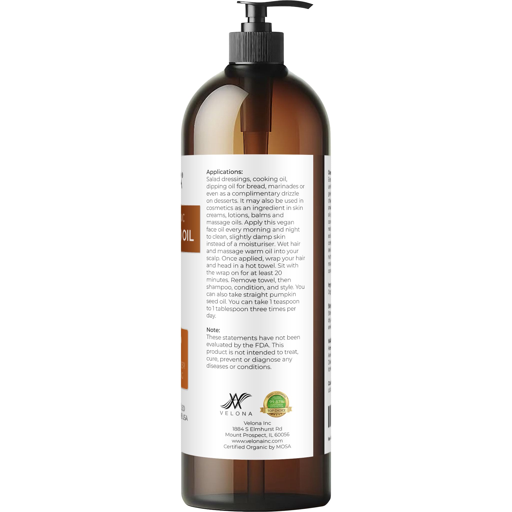 Velona Pumpkin Seed Oil USDA Organic — 32oz Cold-Pressed Carrier Oil
