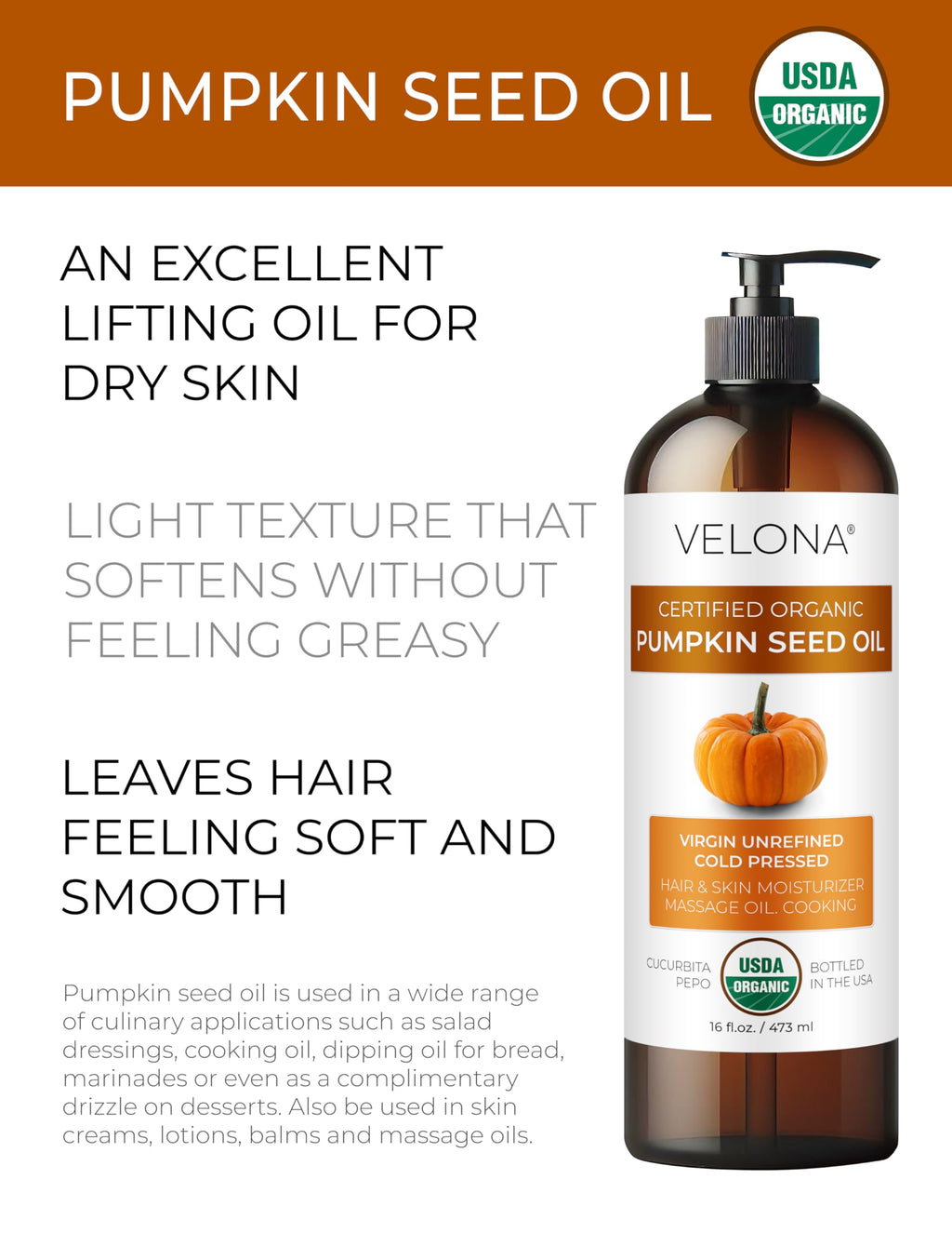 Velona Pumpkin Seed Oil USDA Organic — 32oz Cold-Pressed Carrier Oil