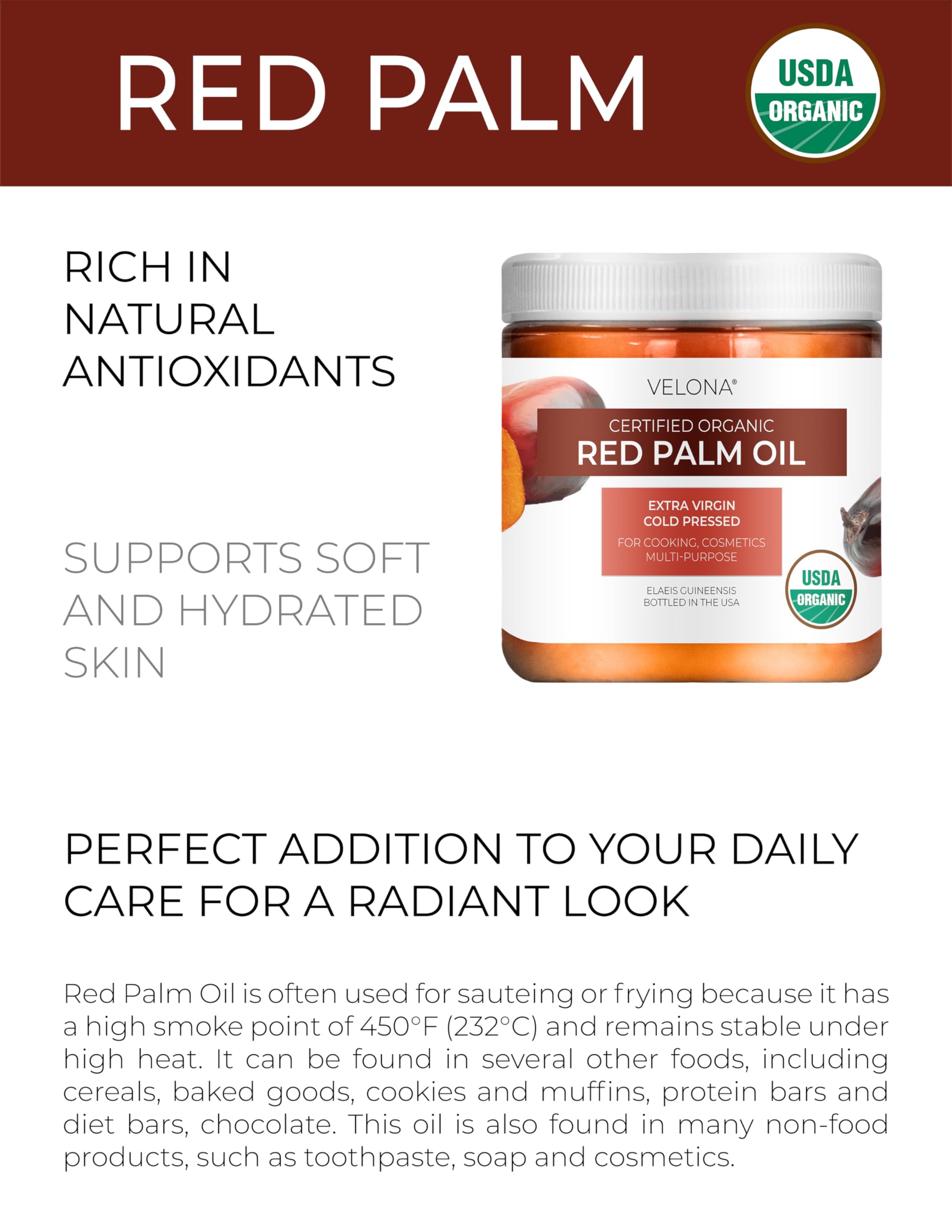 Velona USDA Organic Red Palm Oil 16oz – Extra Virgin, Cold-Pressed for Cooking & Skincare