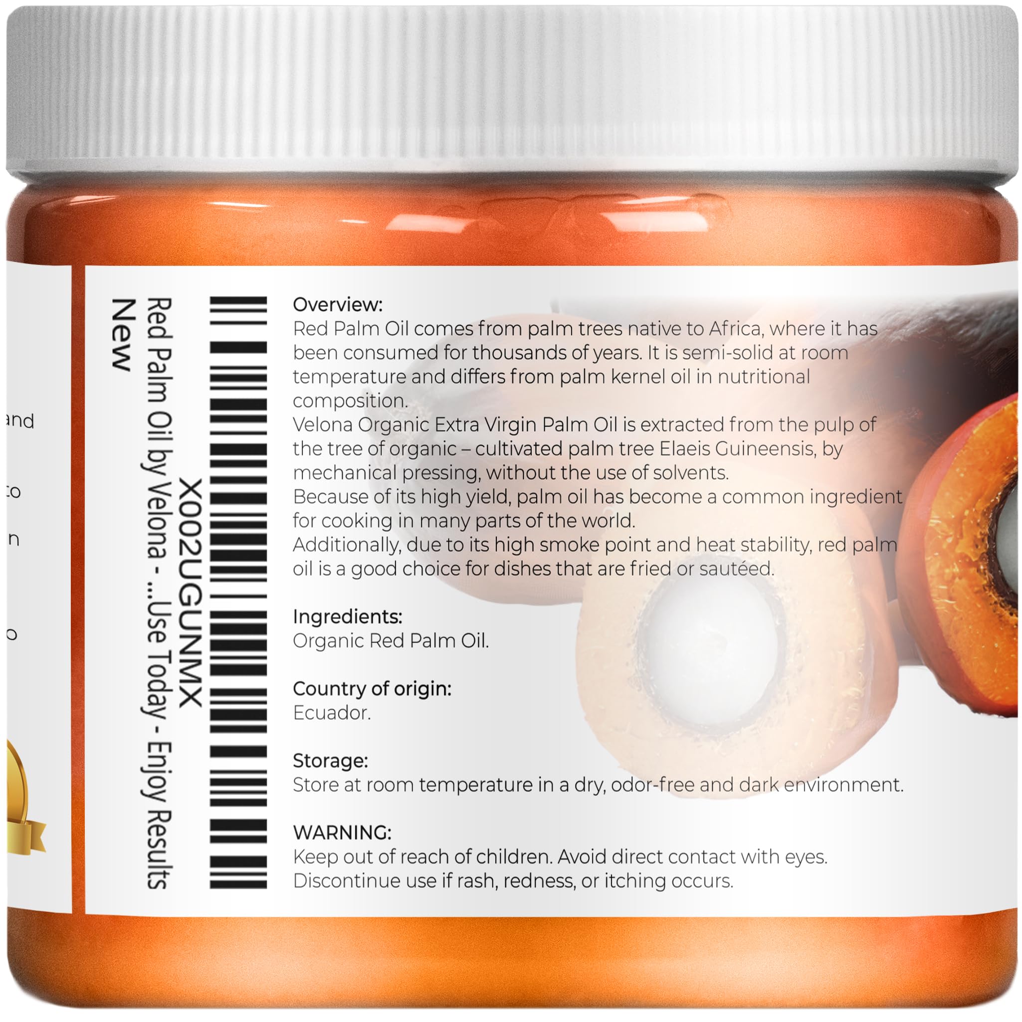 Velona USDA Organic Red Palm Oil 16oz – Extra Virgin, Cold-Pressed for Cooking & Skincare