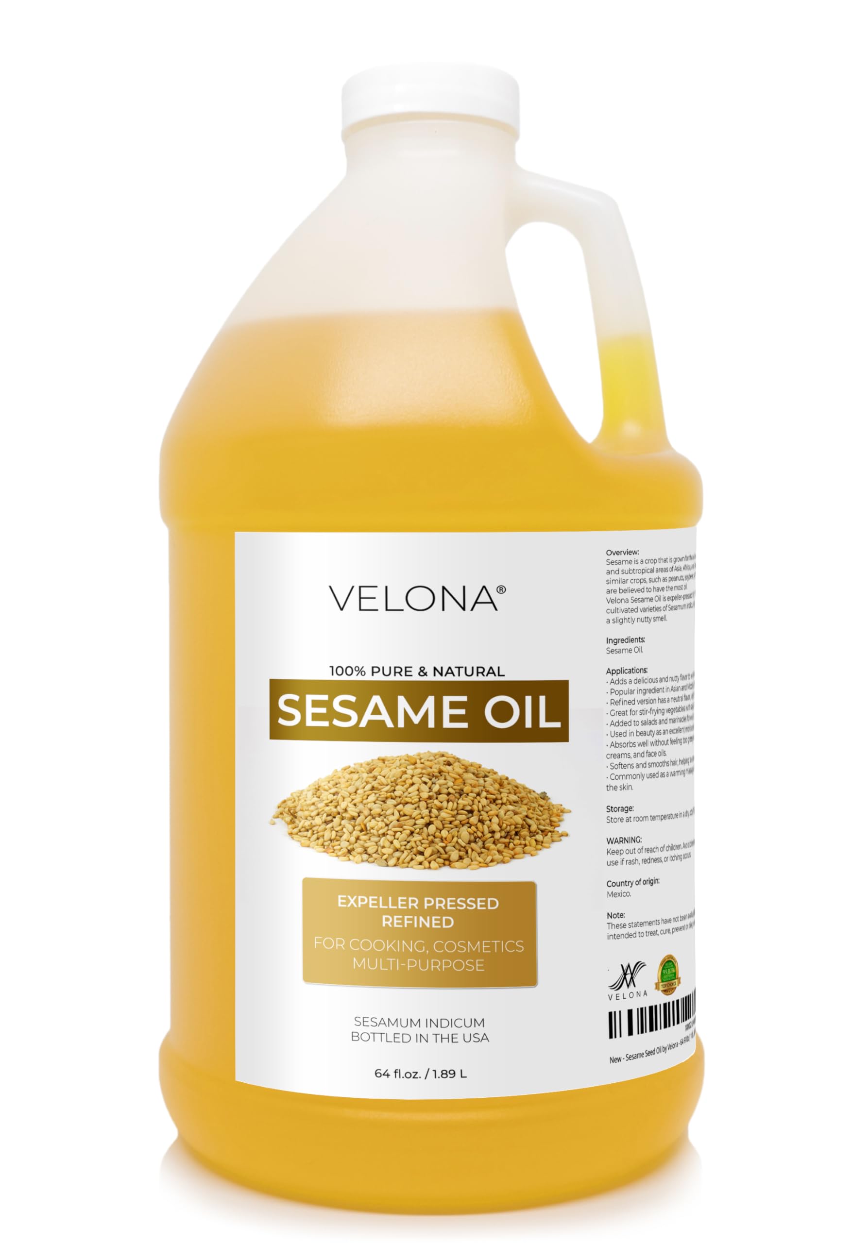 Velona Sesame Seed Oil - 64 Fl Oz | 100% Pure Refined Carrier Oil for Cooking, Skin & Hair