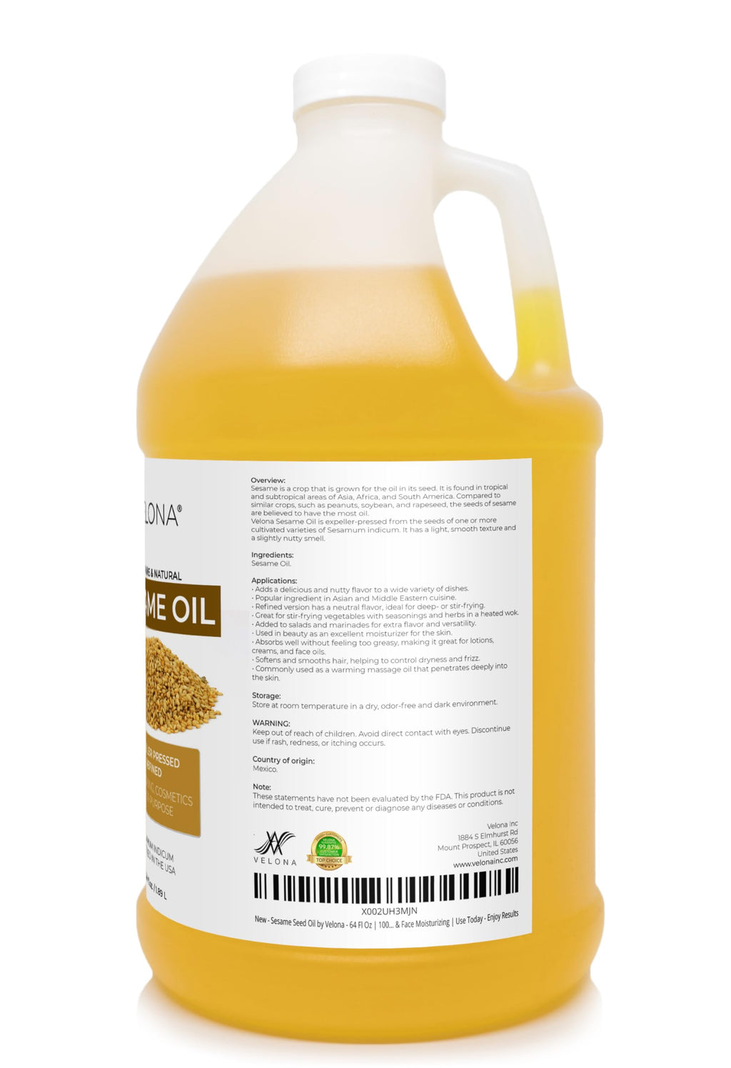 Velona Sesame Seed Oil - 64 Fl Oz | 100% Pure Refined Carrier Oil for Cooking, Skin & Hair