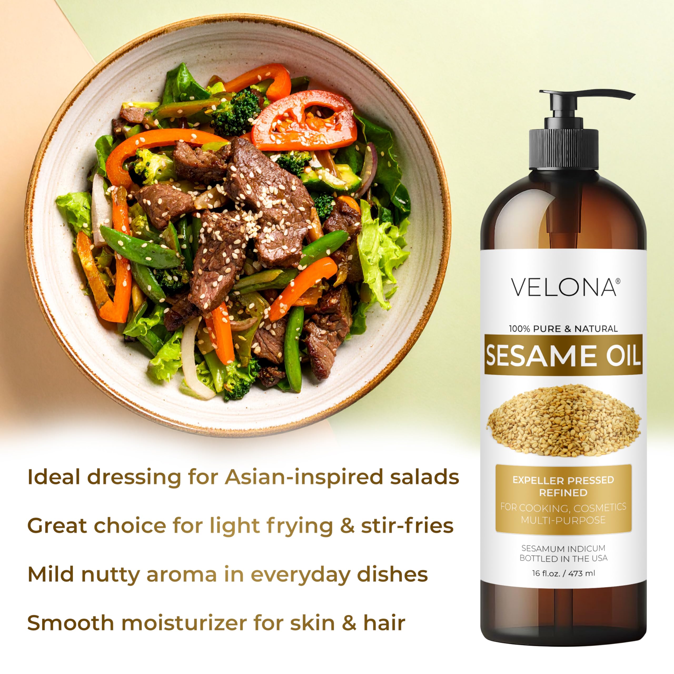Velona Sesame Seed Oil - 64 Fl Oz | 100% Pure Refined Carrier Oil for Cooking, Skin & Hair